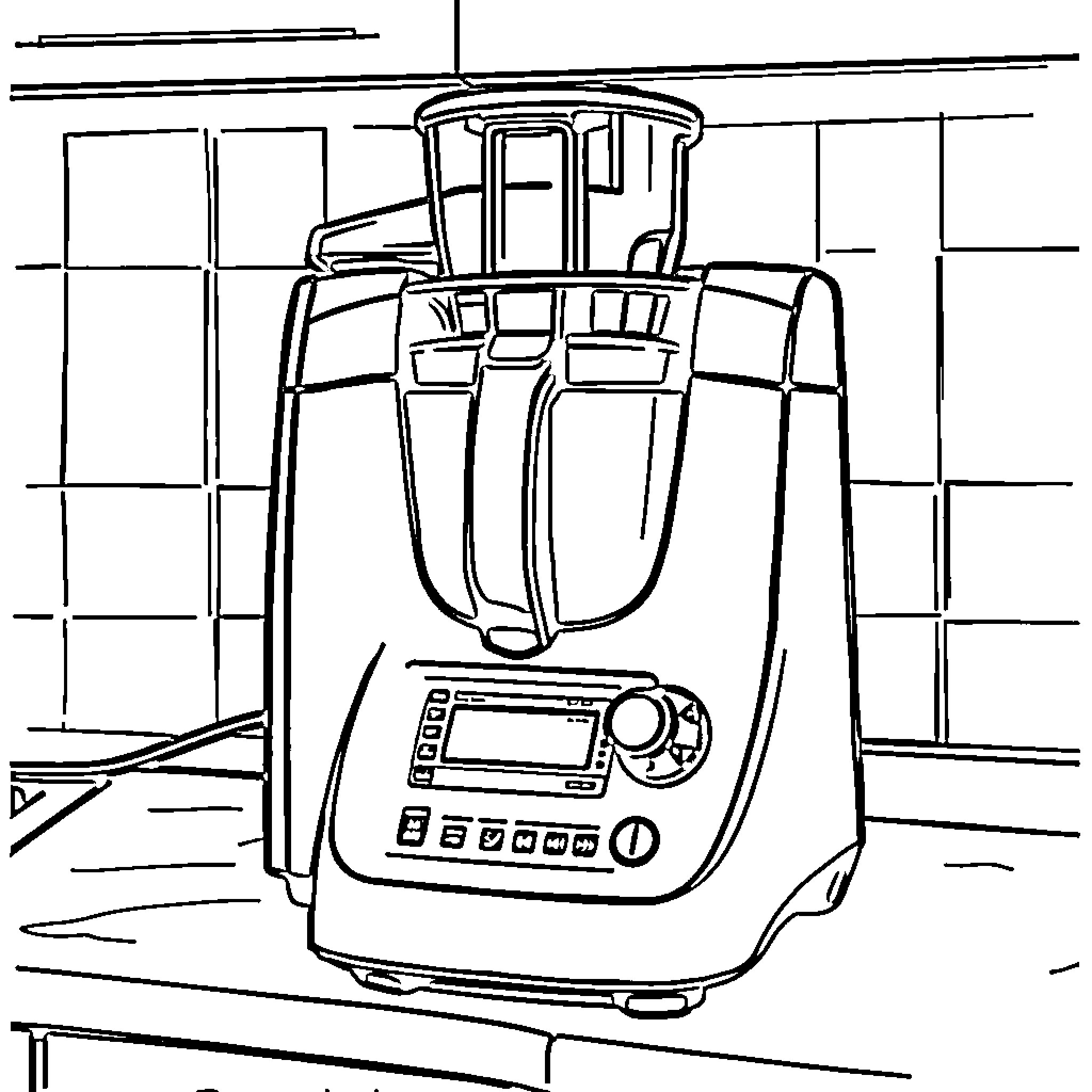 Thermomix kitchen appliance on a counter Coloring Page (free black-and-white line drawing printable PDF for all, from beginners to advanced learners, including children, teens, adults, and seniors)