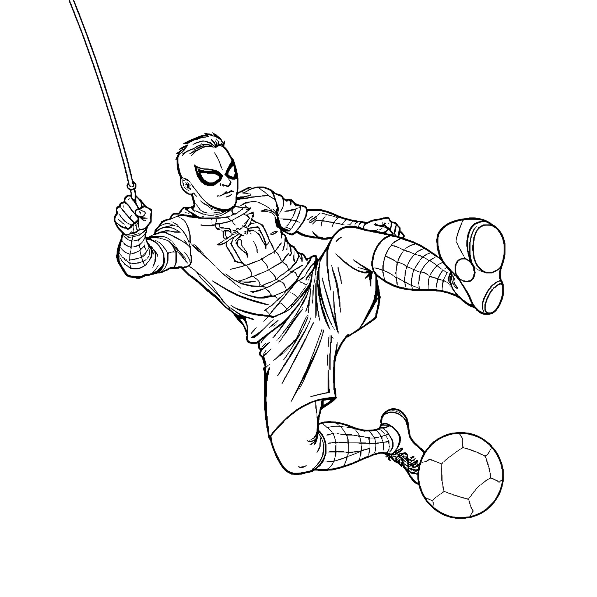 Messi Swinging Sword and Kicking Soccer Ball Coloring Page (free black-and-white line drawing printable PDF for all, from beginners to advanced learners, including children, teens, adults, and seniors)