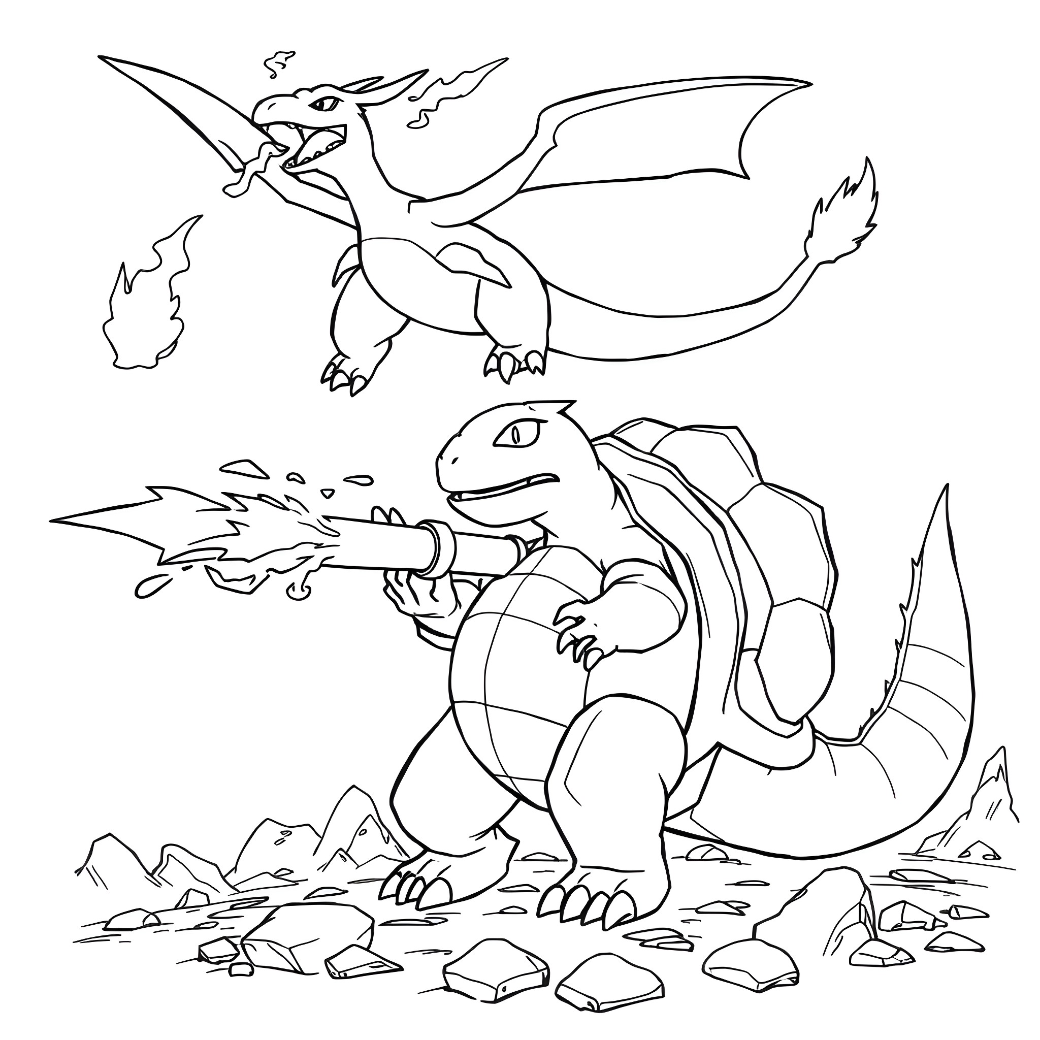 Charizard and Blastoise battling fiercely in the wilderness Coloring Page (free black-and-white line drawing printable PDF for all, from beginners to advanced learners, including children, teens, adults, and seniors)