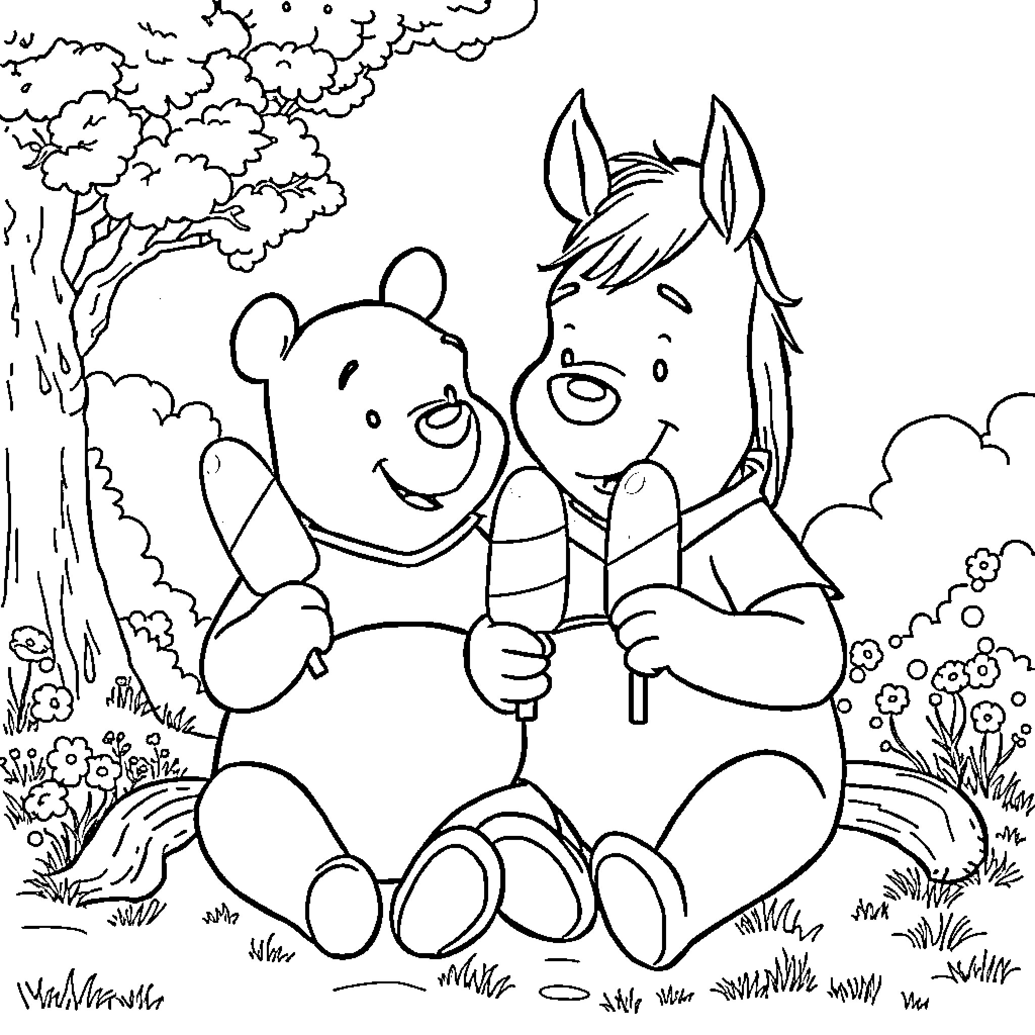 Winnie The Pooh and His Equine Friend Enjoy Nature Coloring Page (free black-and-white line drawing printable PDF for all, from beginners to advanced learners, including children, teens, adults, and seniors)