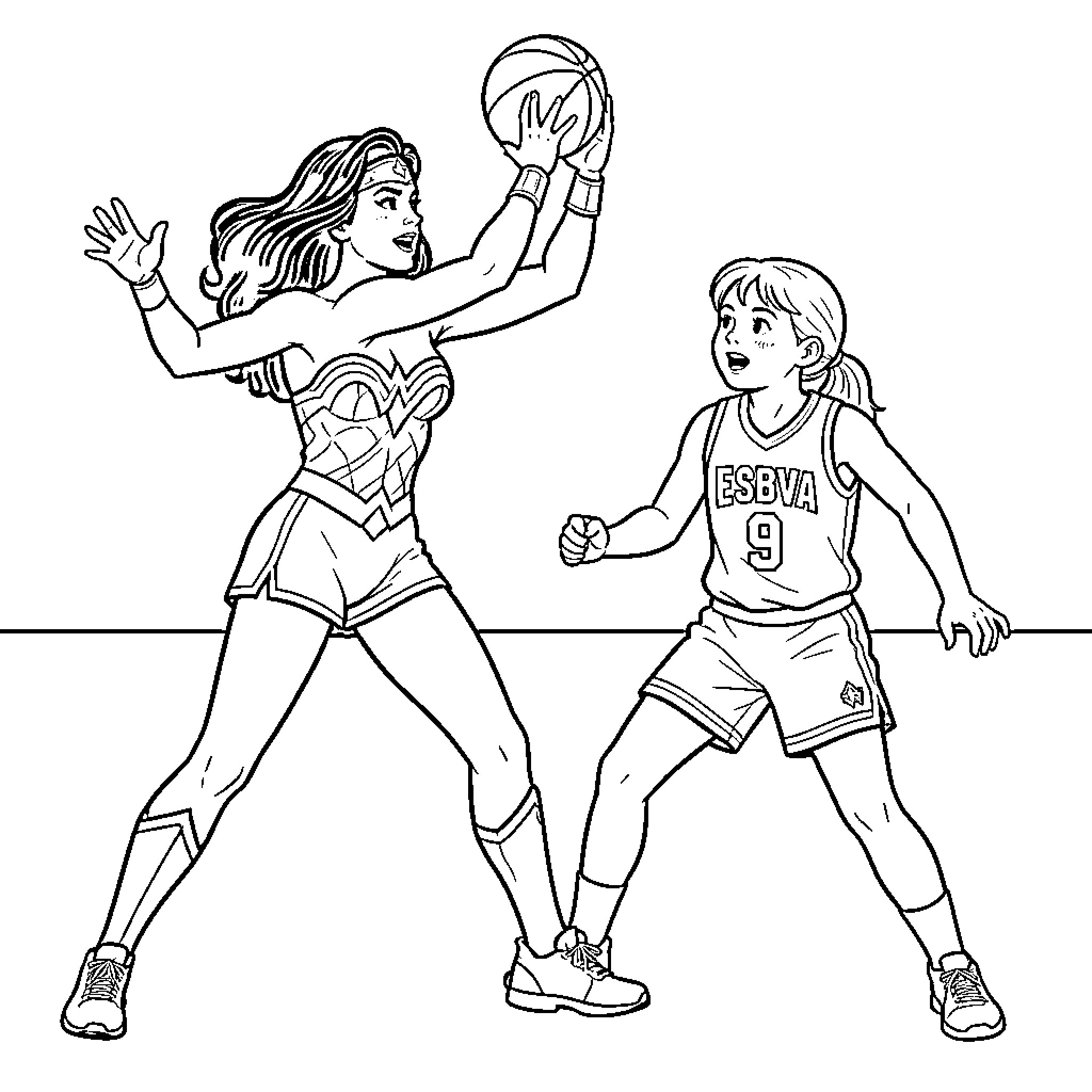 Wonder Woman playing basketball with a young girl Coloring Page (free black-and-white line drawing printable PDF for all, from beginners to advanced learners, including children, teens, adults, and seniors)