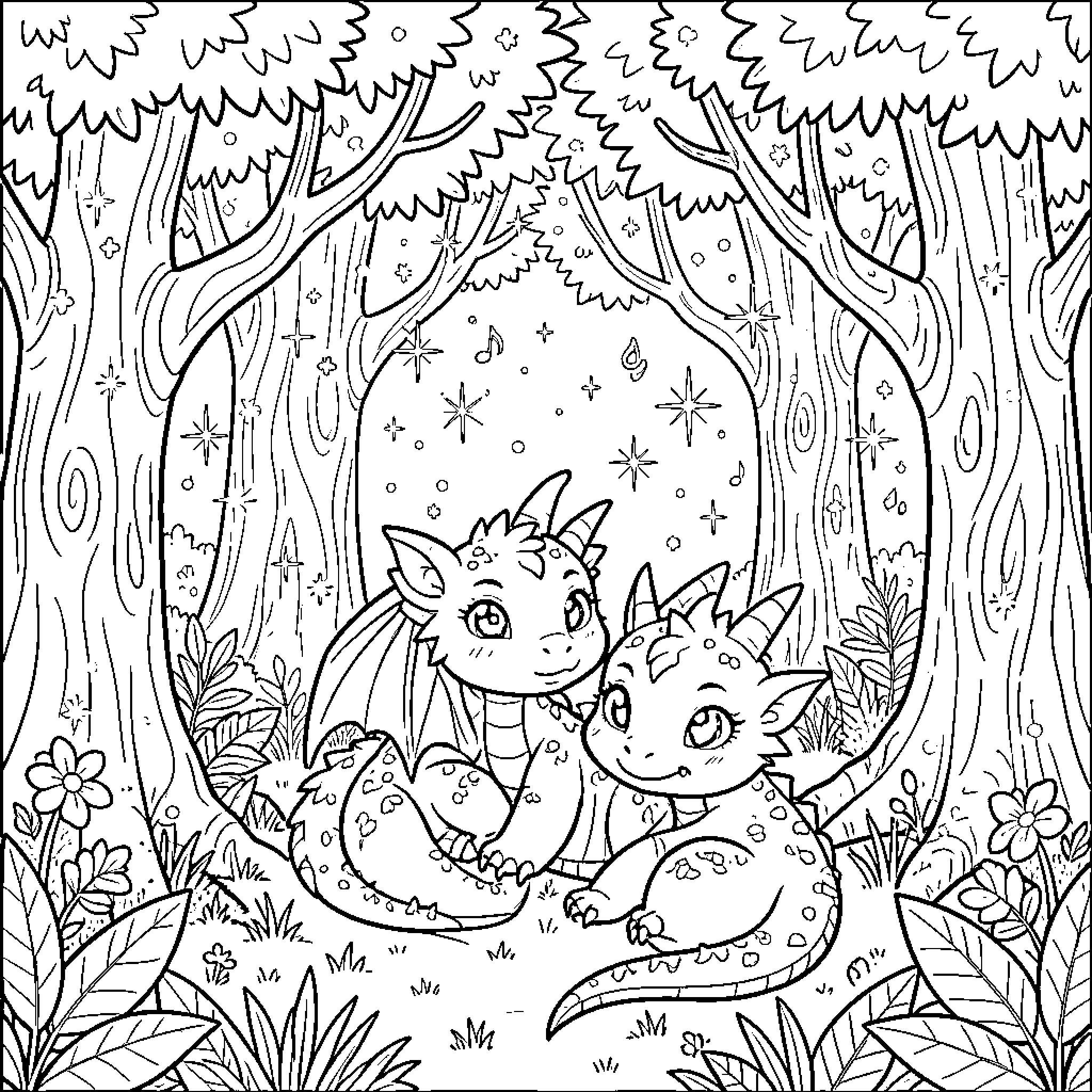 Dragon hatchlings resting together in a magical forest Coloring Page (free black-and-white line drawing printable PDF for all, from beginners to advanced learners, including children, teens, adults, and seniors)