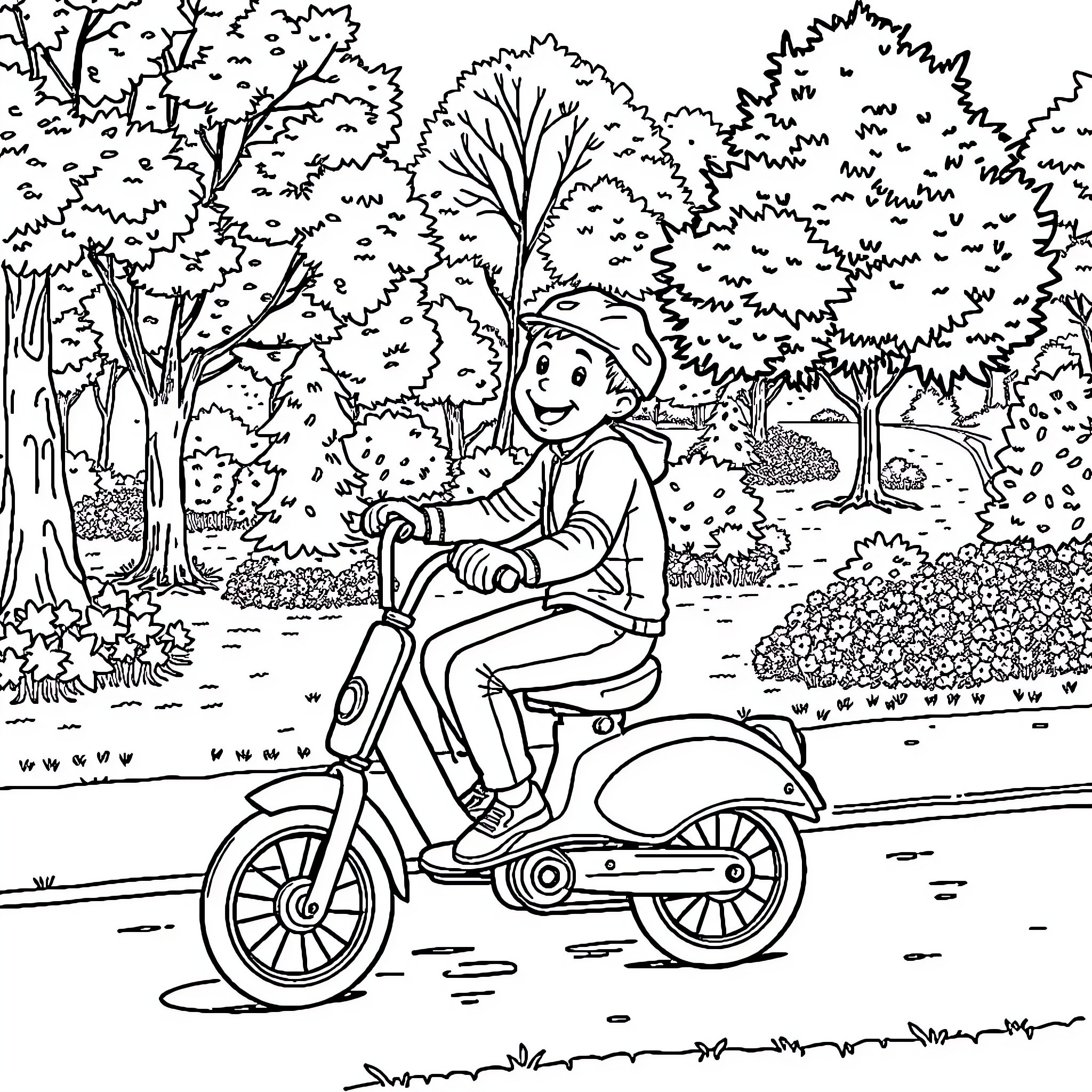 Ruben's Scooter Adventure in the Park Coloring Page (free black-and-white line drawing printable PDF for all, from beginners to advanced learners, including children, teens, adults, and seniors)