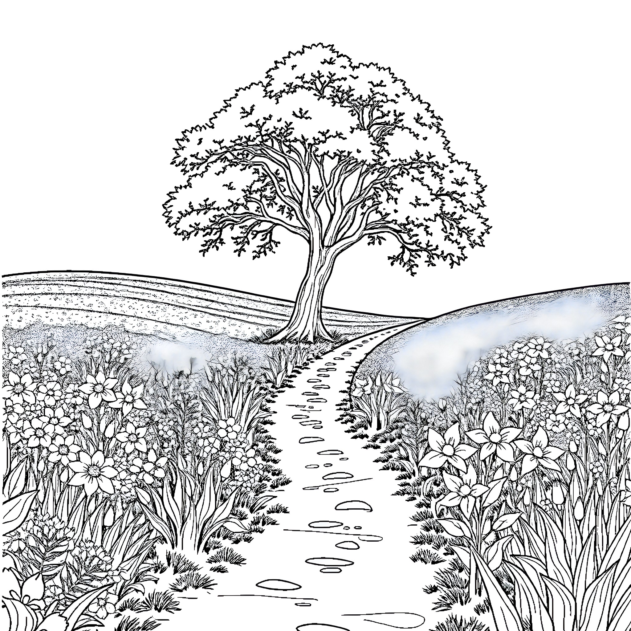 Tree in Blooming Garden Landscape Coloring Page (free black-and-white line drawing printable PDF for all, from beginners to advanced learners, including children, teens, adults, and seniors)