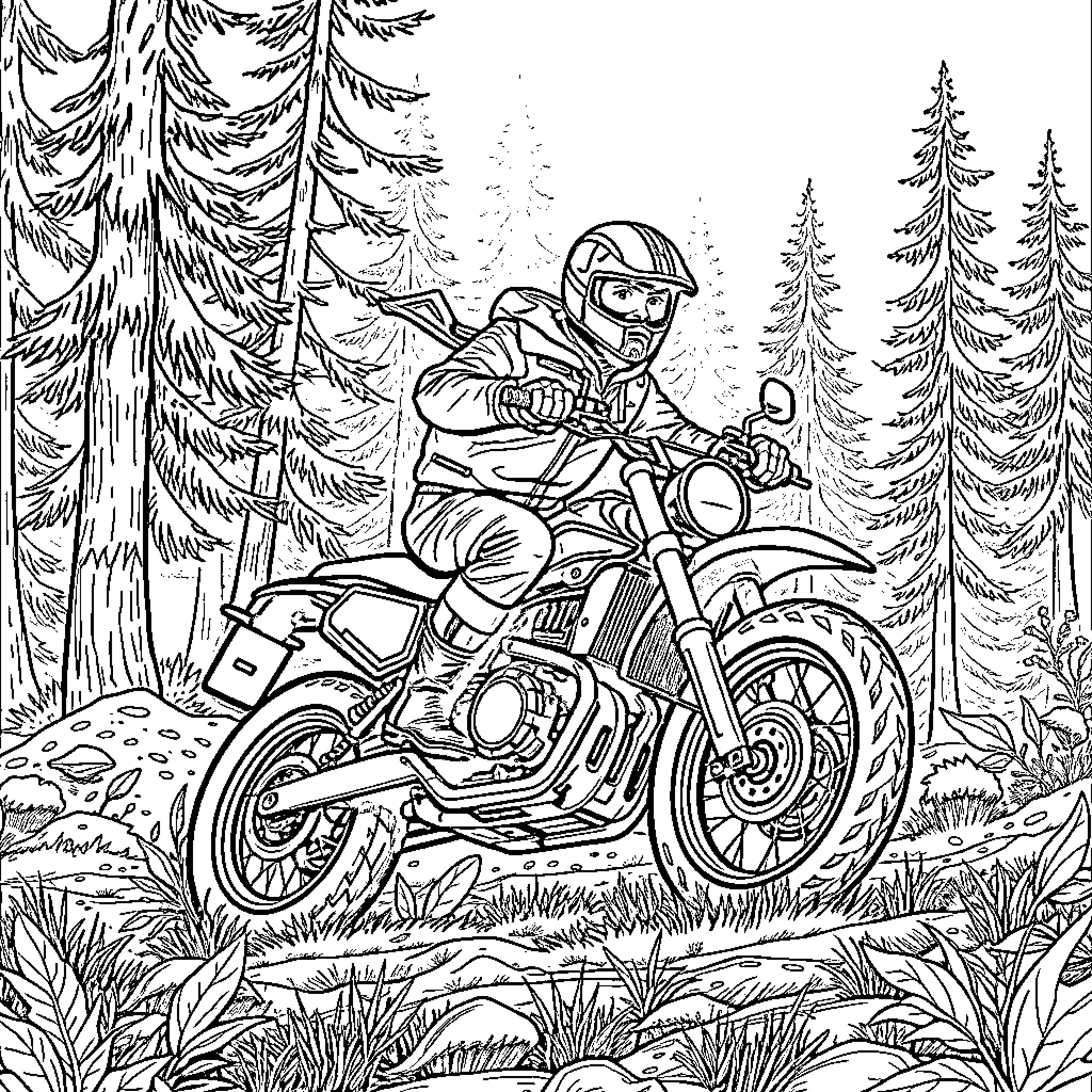 Hunter riding a motorcycle through the forest Coloring Page (free black-and-white line drawing printable PDF for all, from beginners to advanced learners, including children, teens, adults, and seniors)