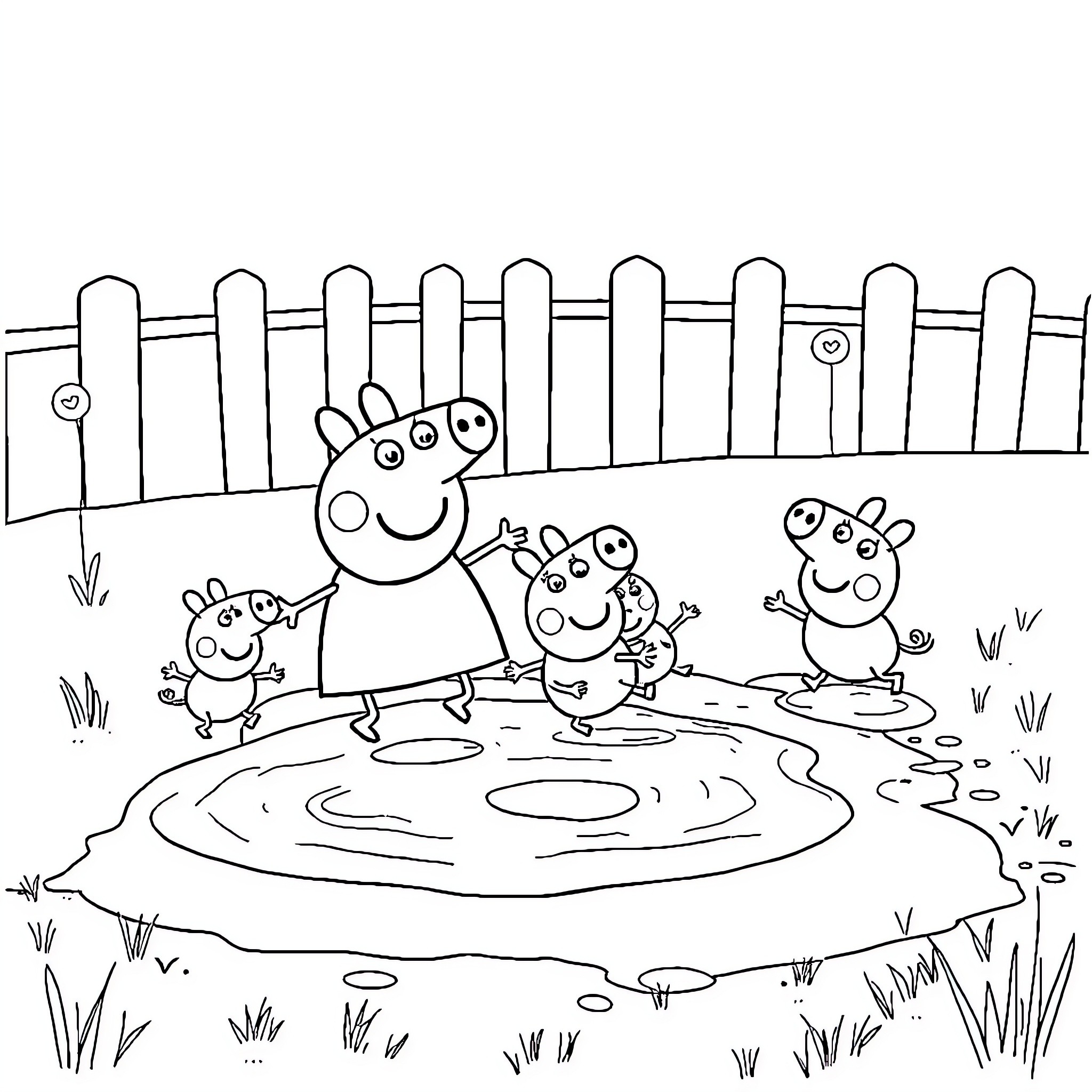 Peppa Pig and Family Playing in Puddle Coloring Page (free black-and-white line drawing printable PDF for all, from beginners to advanced learners, including children, teens, adults, and seniors)