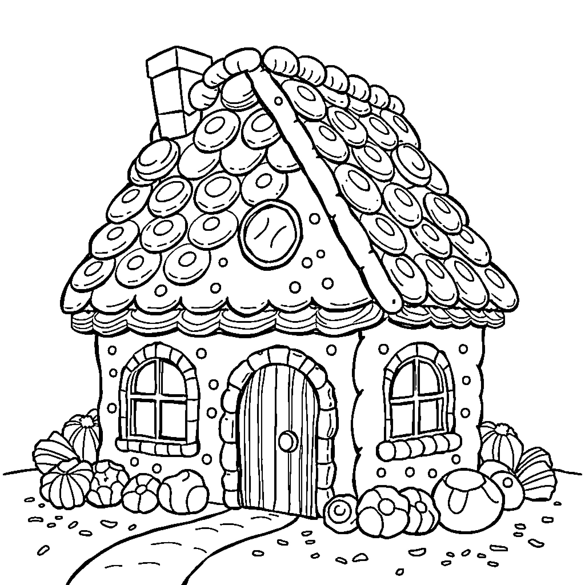 House with Whimsical Decorations and Features Coloring Page (free black-and-white line drawing printable PDF for all, from beginners to advanced learners, including children, teens, adults, and seniors)