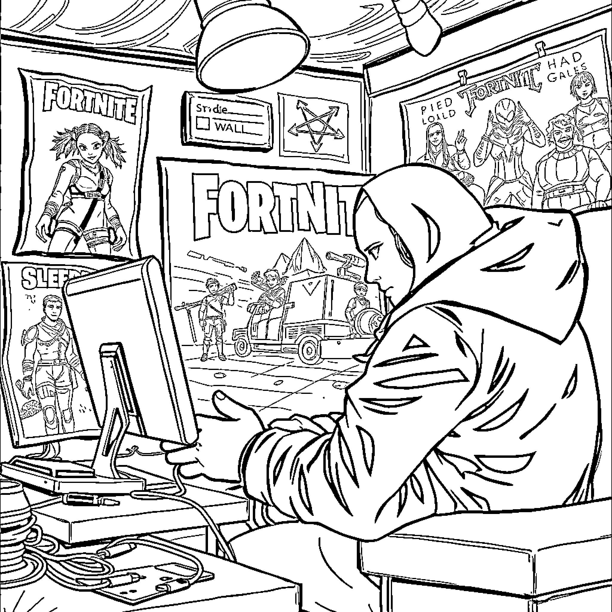 Vessel gamer playing Fortnite in the gaming room Coloring Page (free black-and-white line drawing printable PDF for all, from beginners to advanced learners, including children, teens, adults, and seniors)