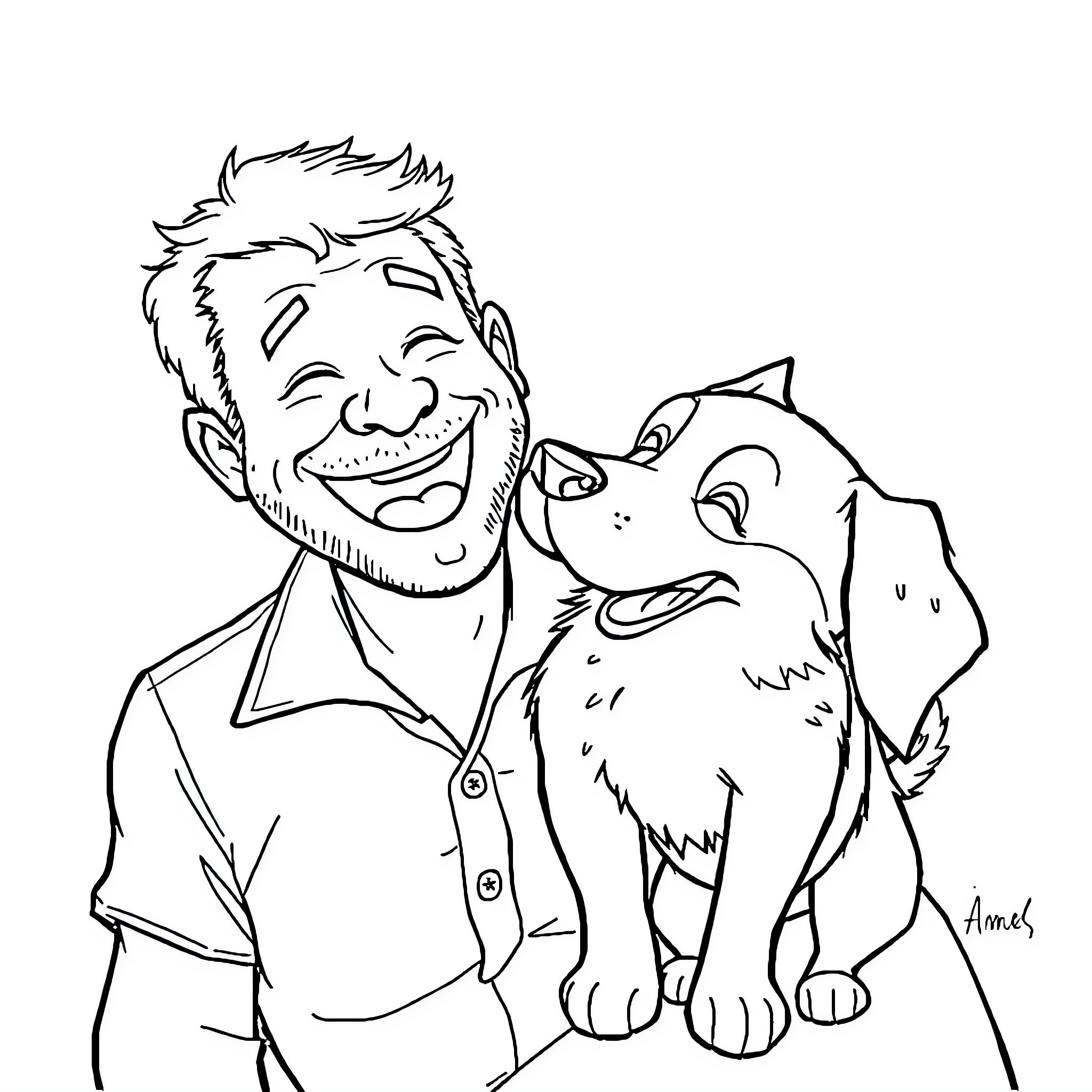 Phil Fletcher's joyful companionship with a friendly canine Coloring Page (free black-and-white line drawing printable PDF for all, from beginners to advanced learners, including children, teens, adults, and seniors)