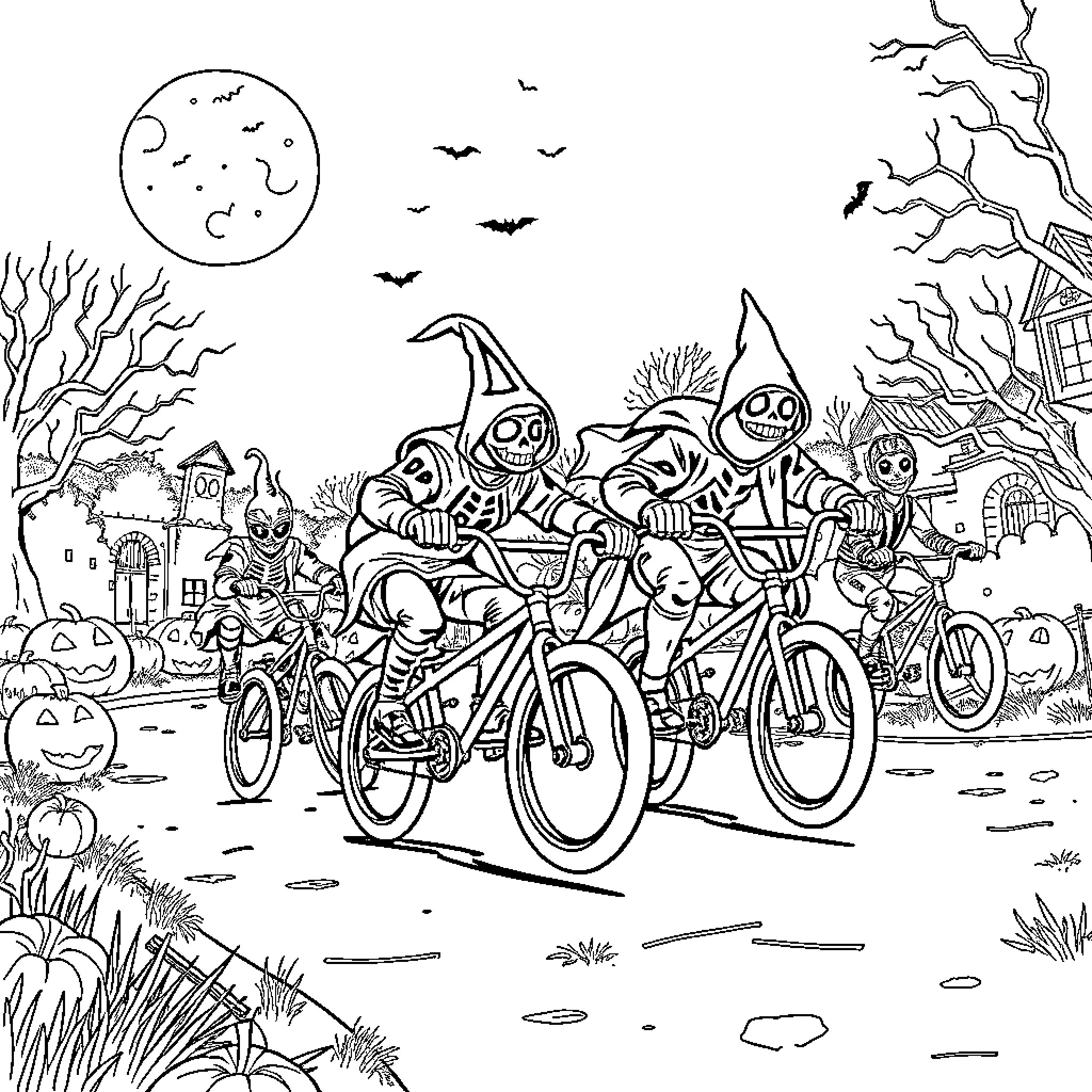 BMX Bikers in Spooky Halloween Night Scene Coloring Page (free black-and-white line drawing printable PDF for all, from beginners to advanced learners, including children, teens, adults, and seniors)
