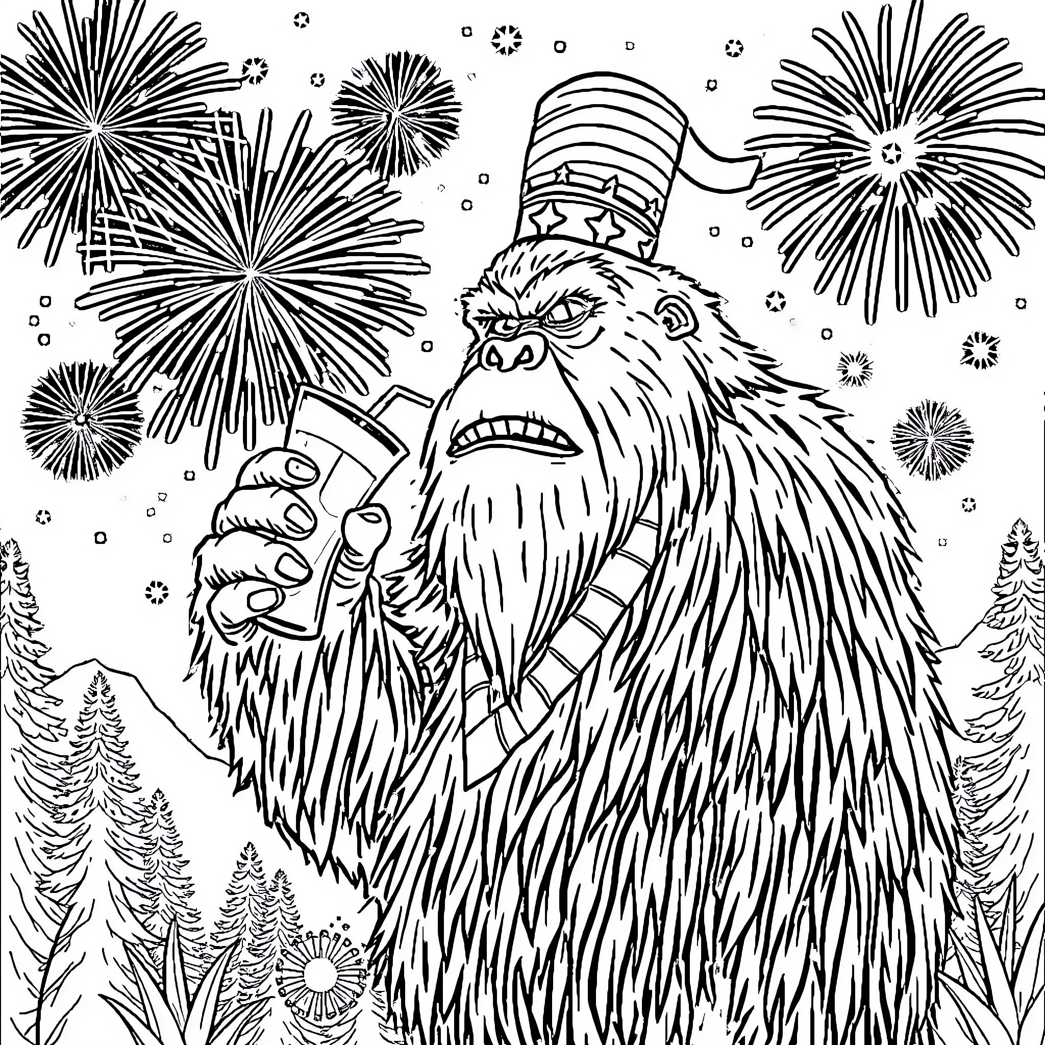 Bigfoot Celebrating Fireworks in the Forest Coloring Page (free black-and-white line drawing printable PDF for all, from beginners to advanced learners, including children, teens, adults, and seniors)