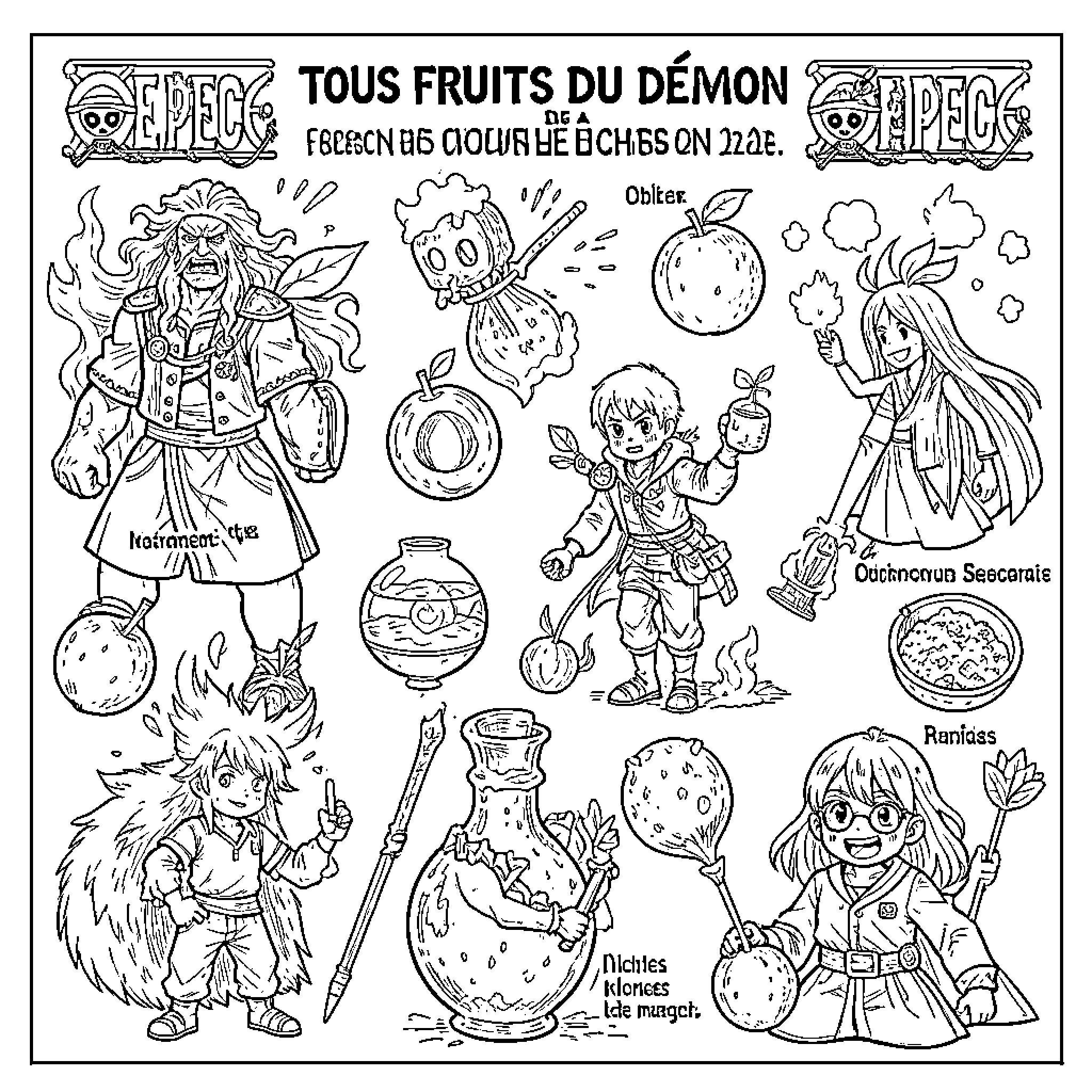 Demon Fruit characters posing in a whimsical scene Coloring Page (free black-and-white line drawing printable PDF for all, from beginners to advanced learners, including children, teens, adults, and seniors)