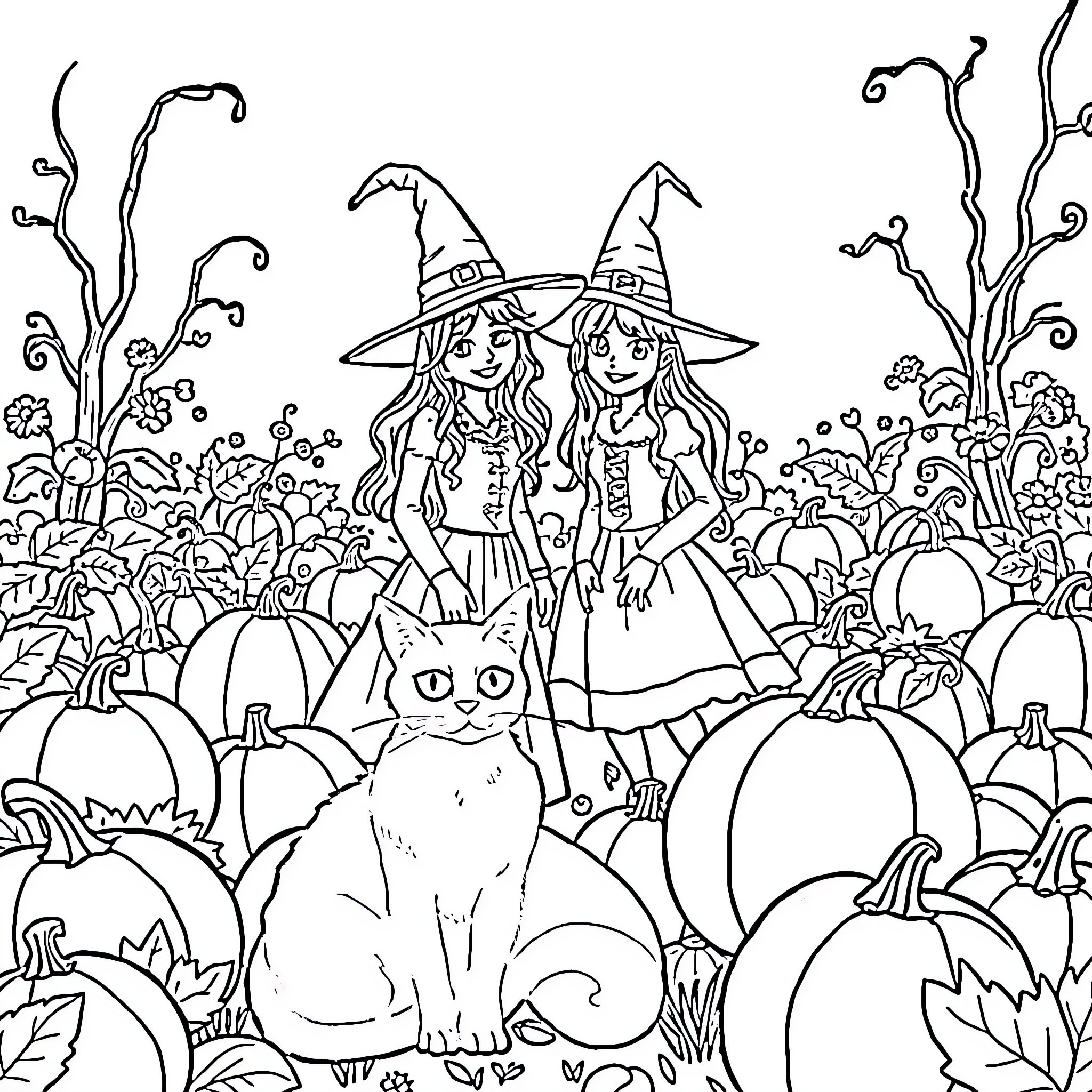 Witches and cat in pumpkin patch Coloring Page (free black-and-white line drawing printable PDF for all, from beginners to advanced learners, including children, teens, adults, and seniors)