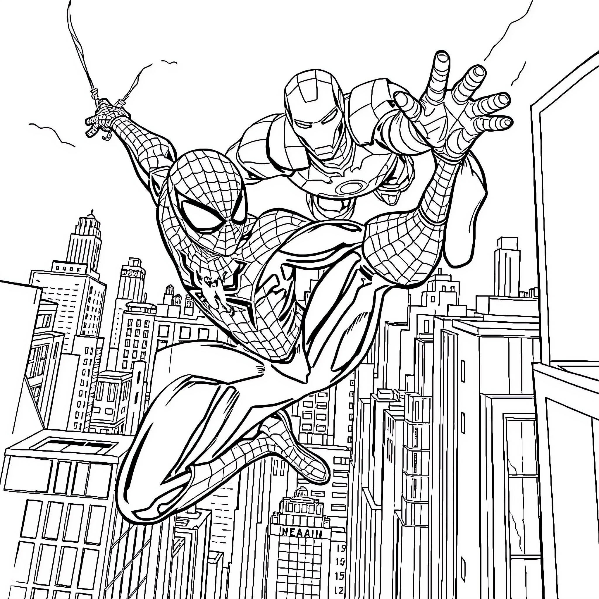 Spider-Man swinging through the city with Iron Man Coloring Page (free black-and-white line drawing printable PDF for all, from beginners to advanced learners, including children, teens, adults, and seniors)