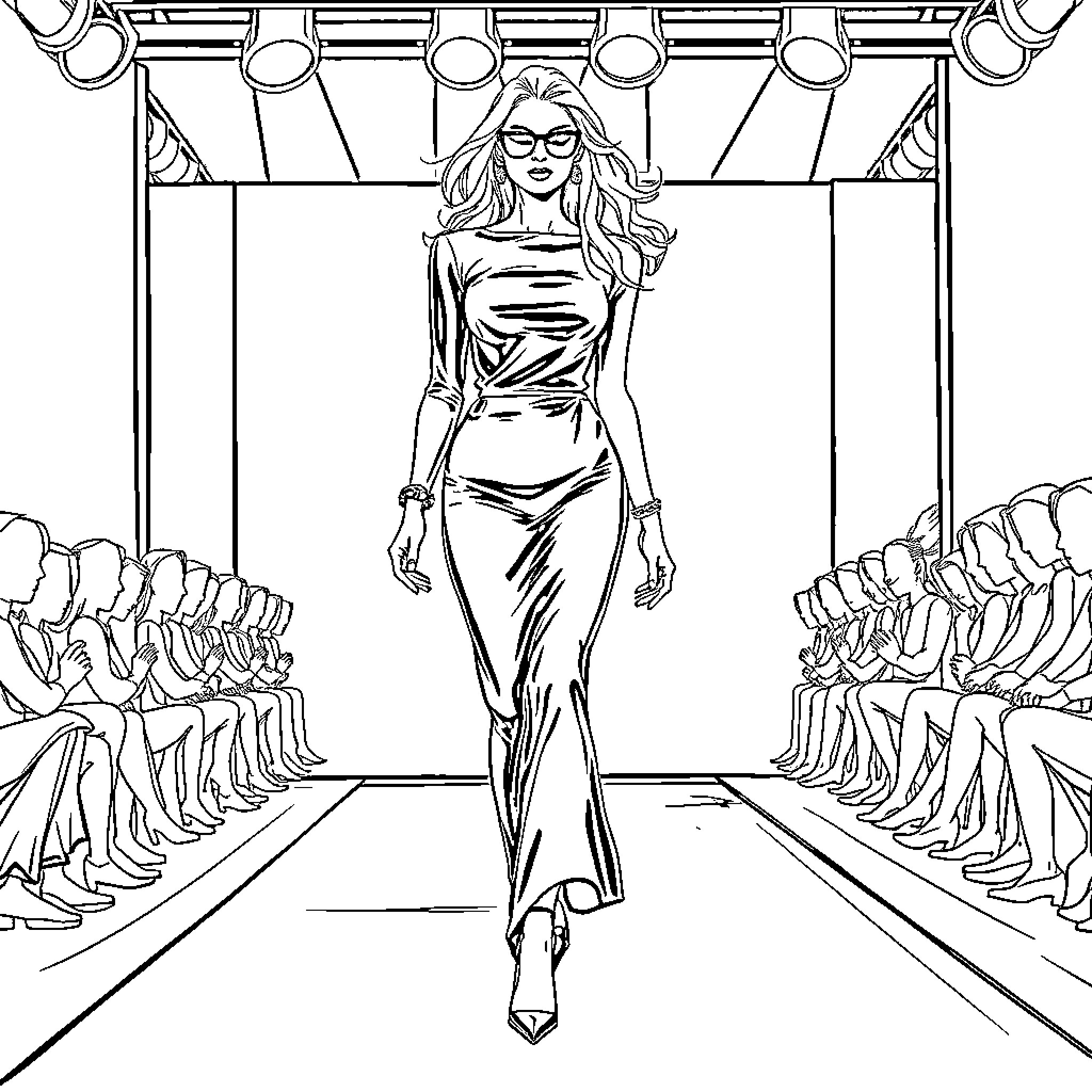 Supermodel walking the runway with confidence Coloring Page (free black-and-white line drawing printable PDF for all, from beginners to advanced learners, including children, teens, adults, and seniors)