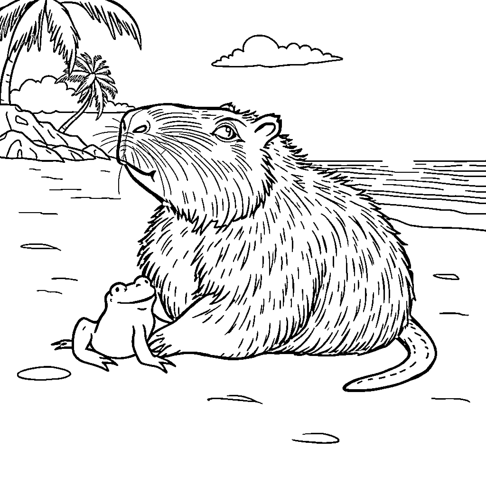Capybara relaxing by the beach with a frog Coloring Page (free black-and-white line drawing printable PDF for all, from beginners to advanced learners, including children, teens, adults, and seniors)
