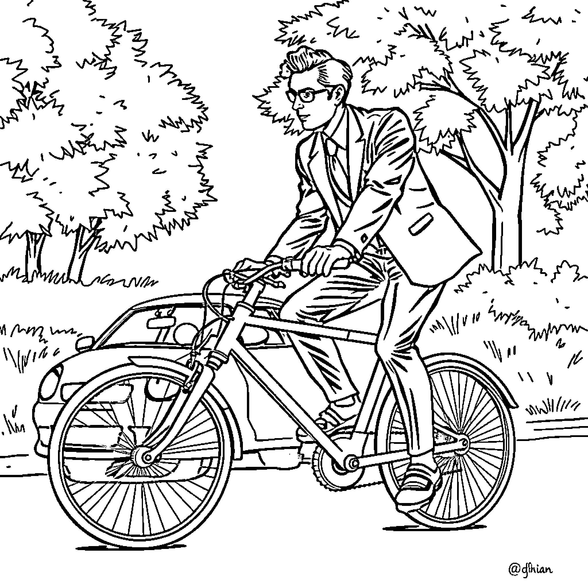 Man riding bicycle in lush forest Coloring Page (free black-and-white line drawing printable PDF for all, from beginners to advanced learners, including children, teens, adults, and seniors)