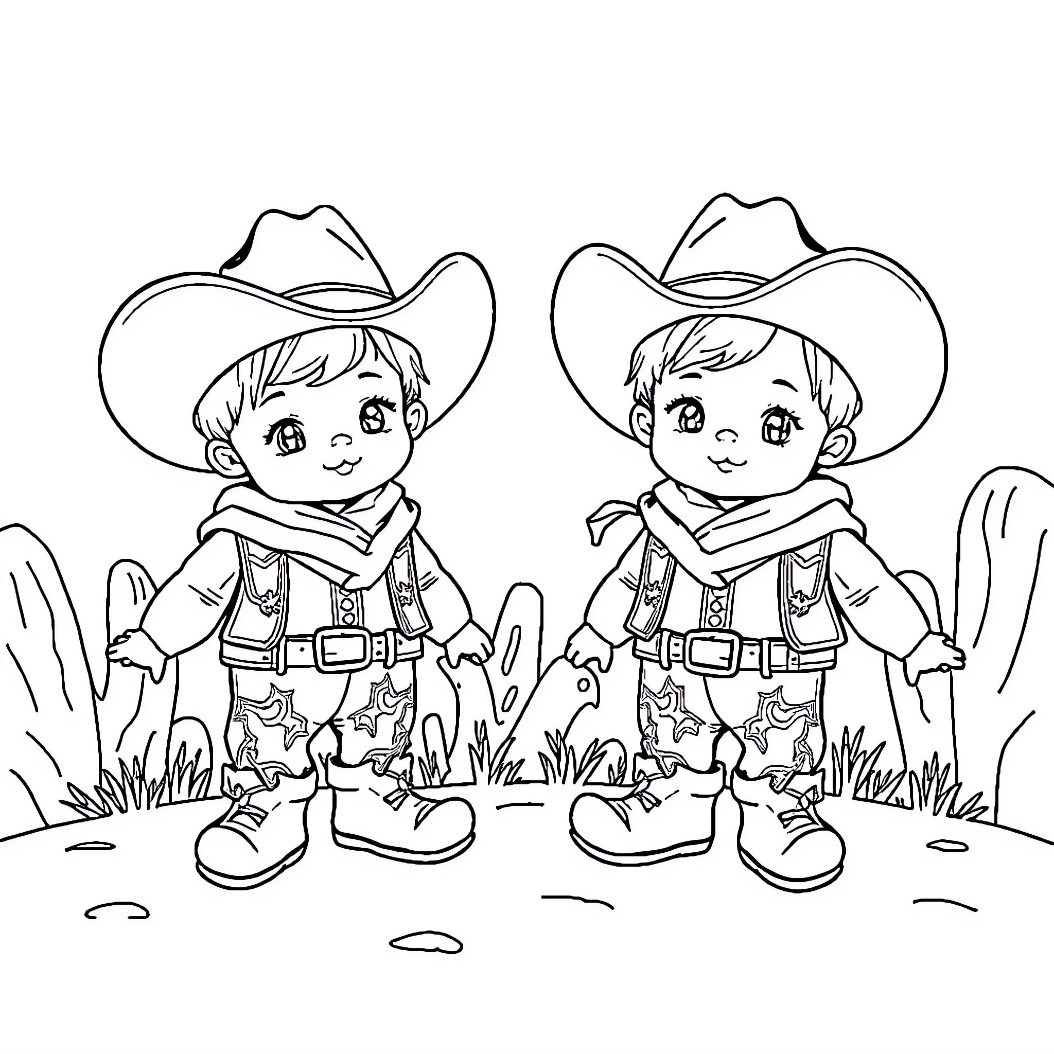 Baby cowboys exploring the wilderness Coloring Page (free black-and-white line drawing printable PDF for all, from beginners to advanced learners, including children, teens, adults, and seniors)