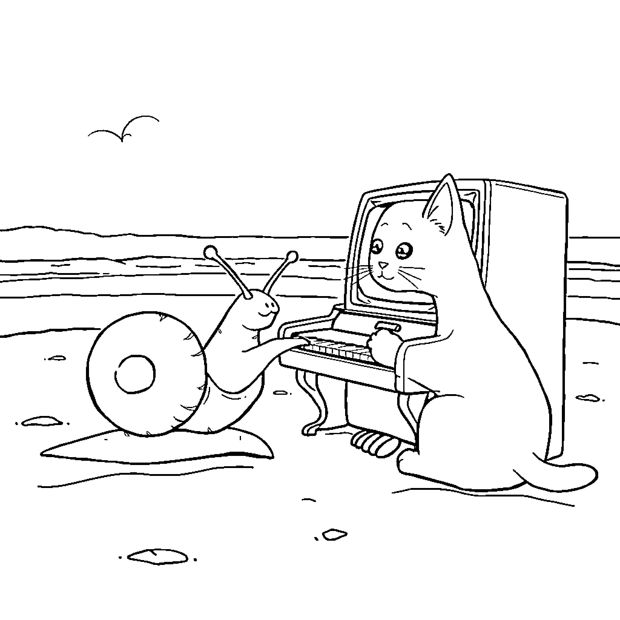 Snail and cat playing music by the beach Coloring Page (free black-and-white line drawing printable PDF for all, from beginners to advanced learners, including children, teens, adults, and seniors)
