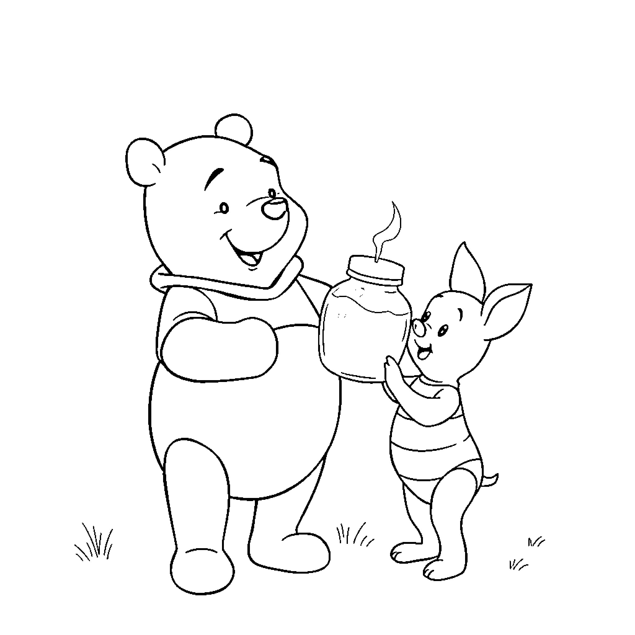 Winnie The Pooh and Piglet enjoying a snack together Coloring Page (free black-and-white line drawing printable PDF for all, from beginners to advanced learners, including children, teens, adults, and seniors)