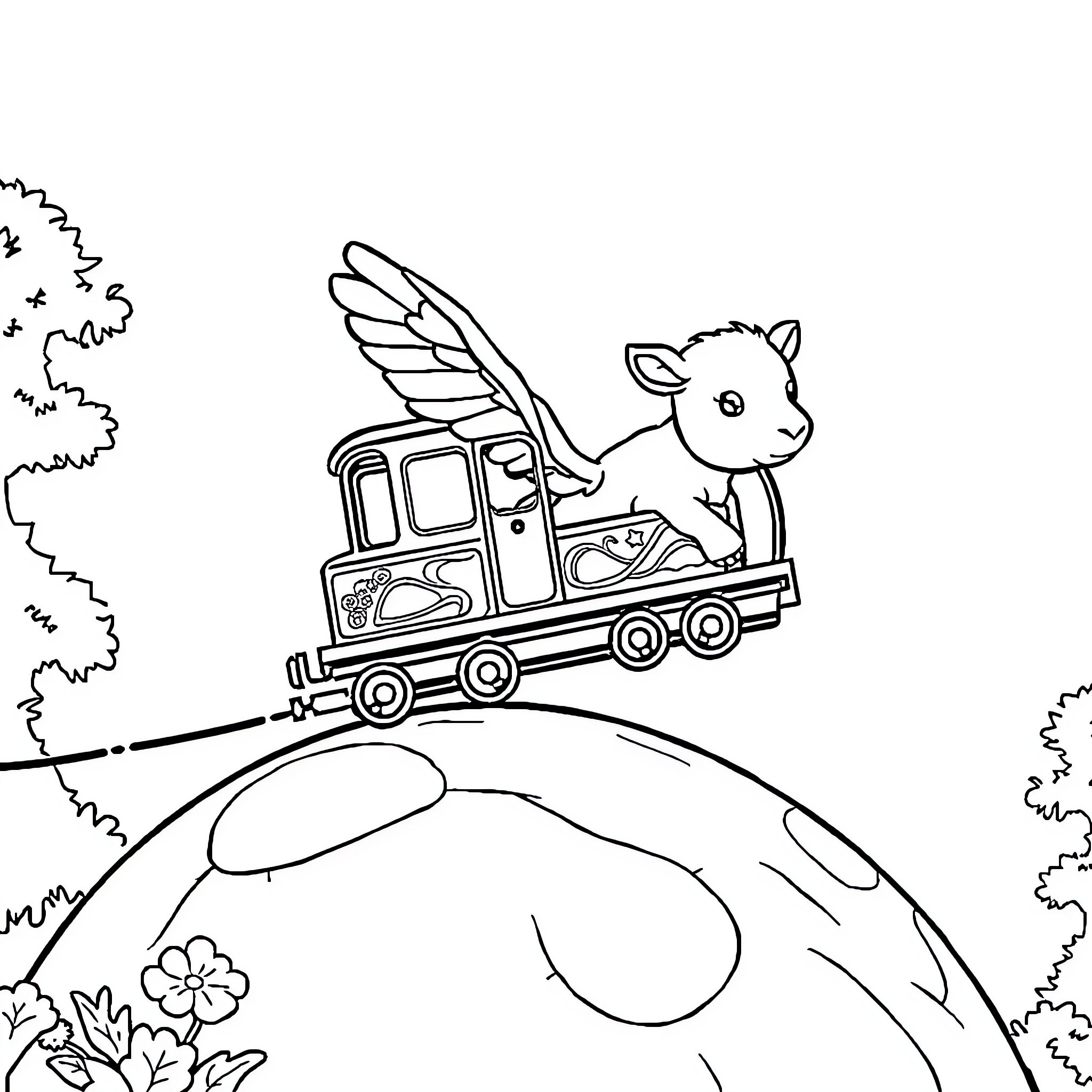 Lieveheersbeestje riding a colorful train in nature Coloring Page (free black-and-white line drawing printable PDF for all, from beginners to advanced learners, including children, teens, adults, and seniors)