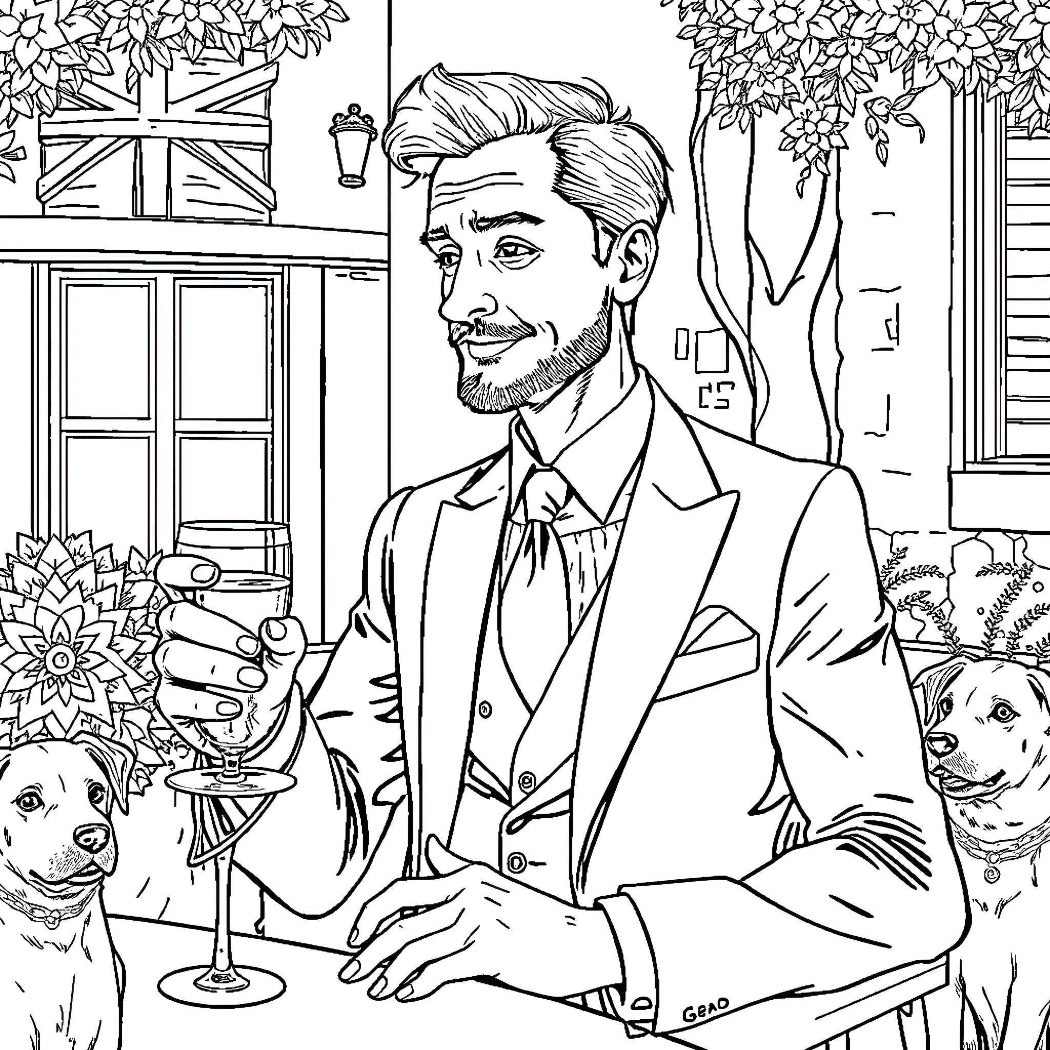 Dom's Elegant Outdoor Celebration with Pets Coloring Page (free black-and-white line drawing printable PDF for all, from beginners to advanced learners, including children, teens, adults, and seniors)