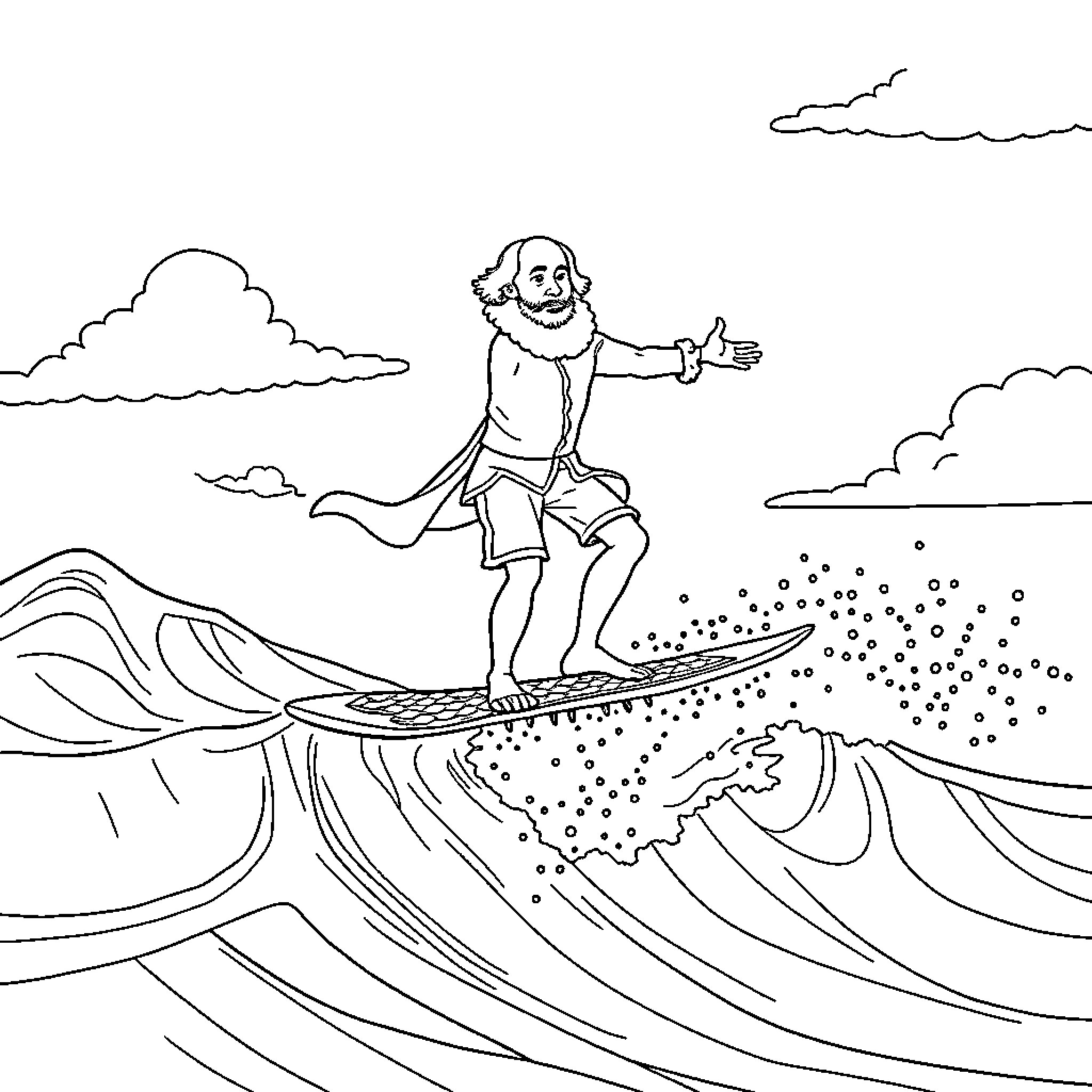 Shakespeare surfing atop crashing waves Coloring Page (free black-and-white line drawing printable PDF for all, from beginners to advanced learners, including children, teens, adults, and seniors)