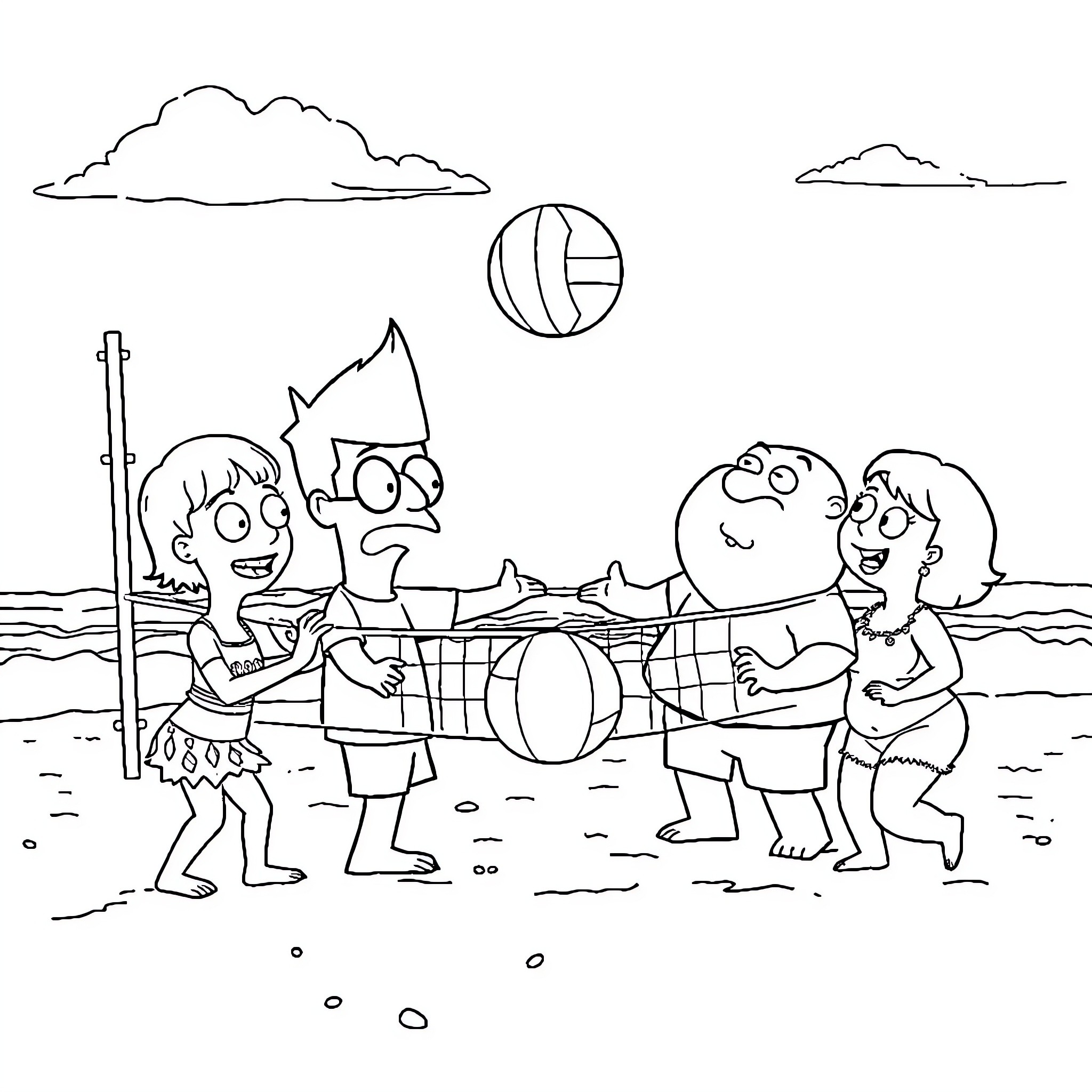 Bob's Burgers Characters Playing Beach Volleyball Coloring Page (free black-and-white line drawing printable PDF for all, from beginners to advanced learners, including children, teens, adults, and seniors)