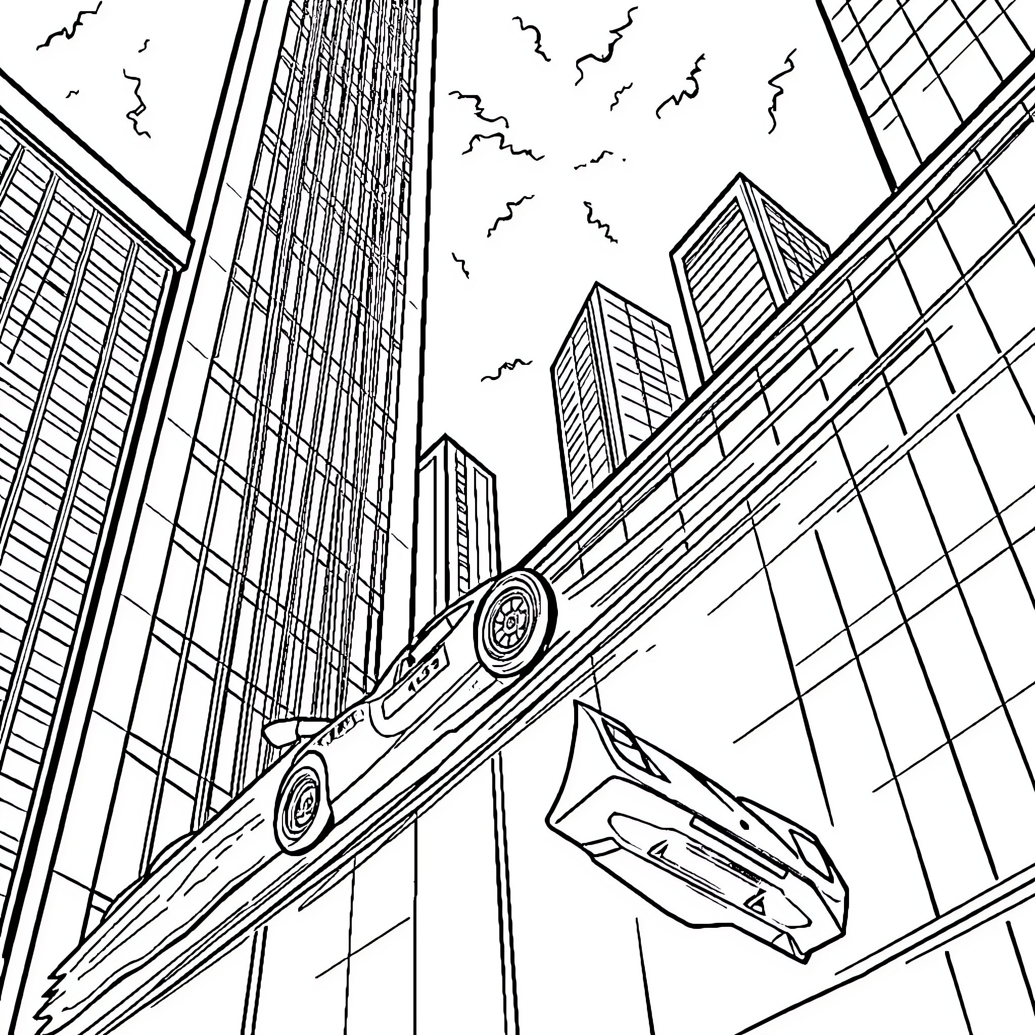 Race Car Racing Through City Skyscrapers Coloring Page (free black-and-white line drawing printable PDF for all, from beginners to advanced learners, including children, teens, adults, and seniors)