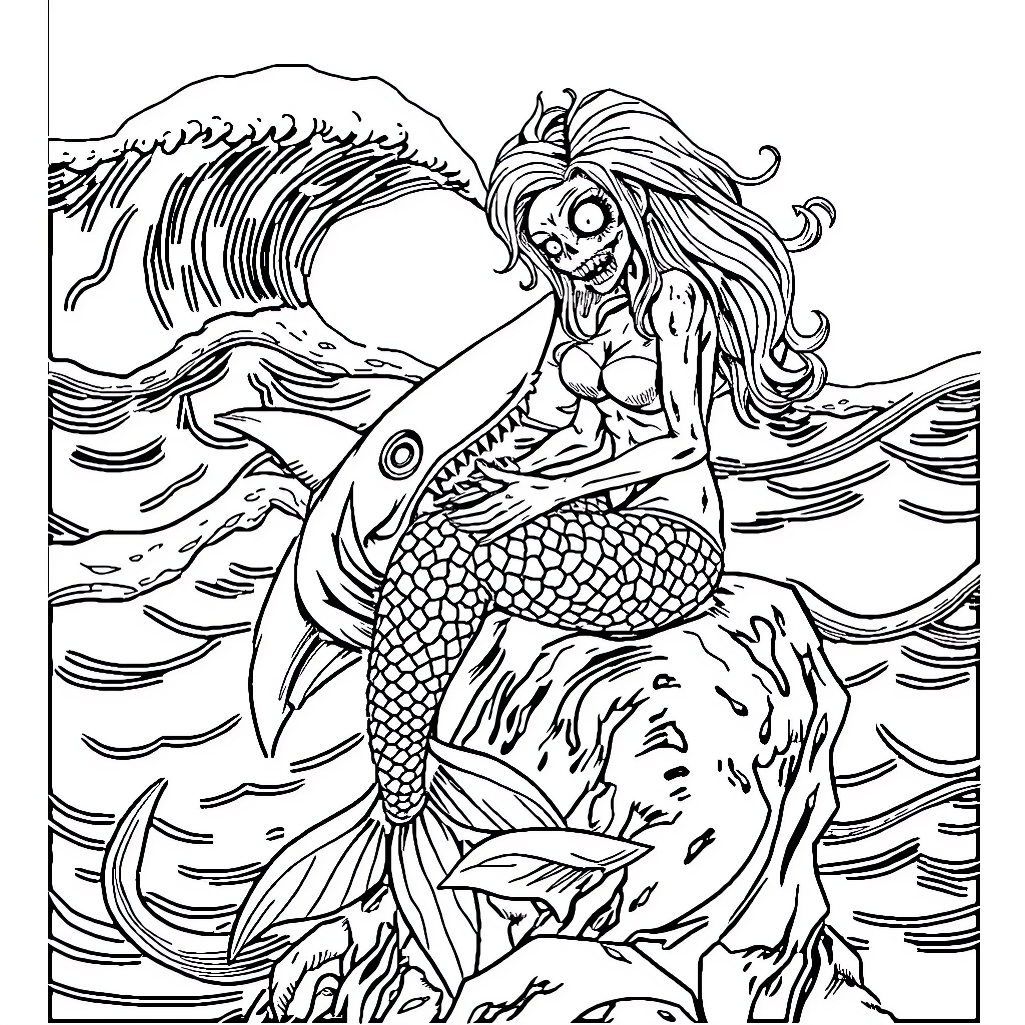 Mermaid riding the waves in a surreal seascape Coloring Page (free black-and-white line drawing printable PDF for all, from beginners to advanced learners, including children, teens, adults, and seniors)