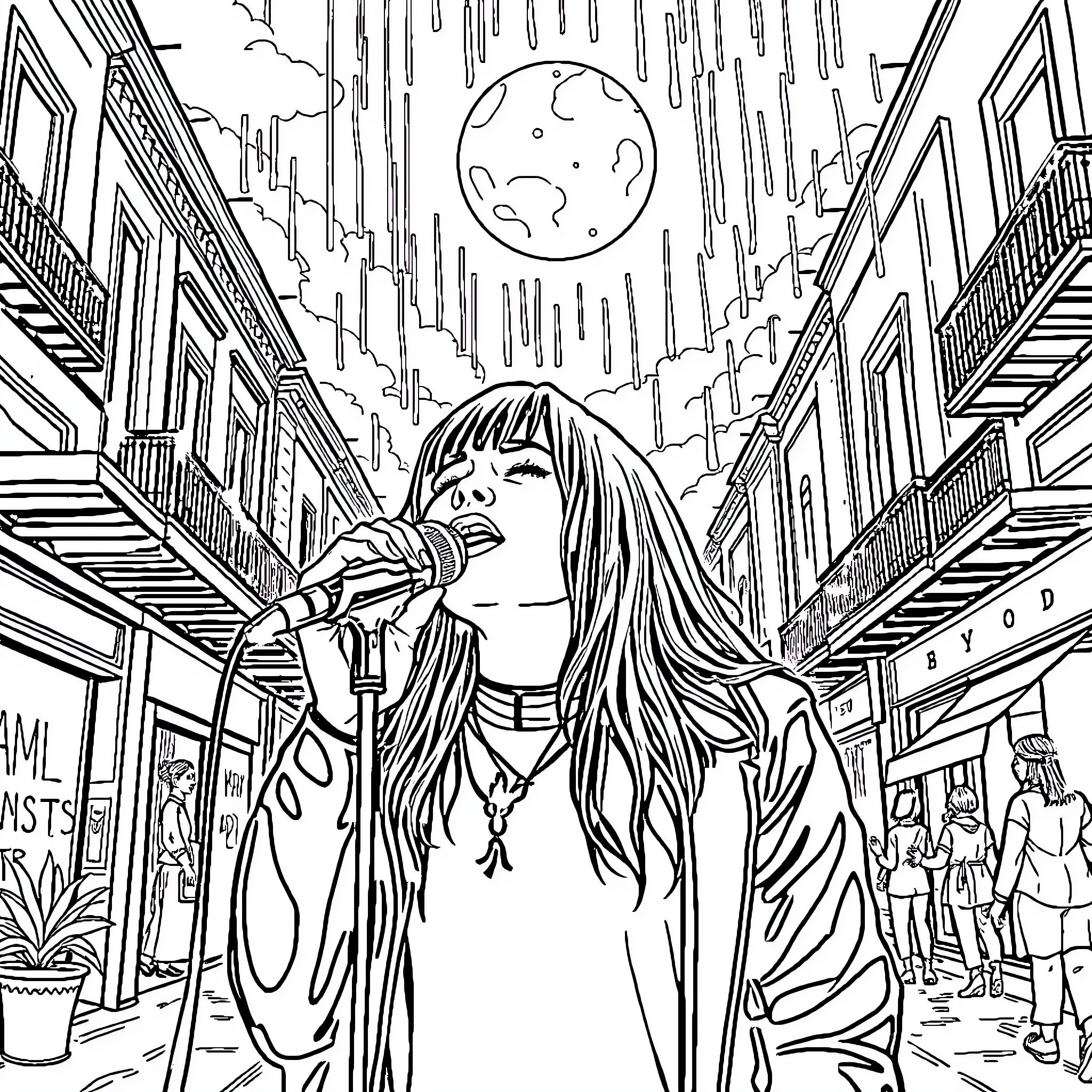 Billie Eilish performing on a rainy city street Coloring Page (free black-and-white line drawing printable PDF for all, from beginners to advanced learners, including children, teens, adults, and seniors)