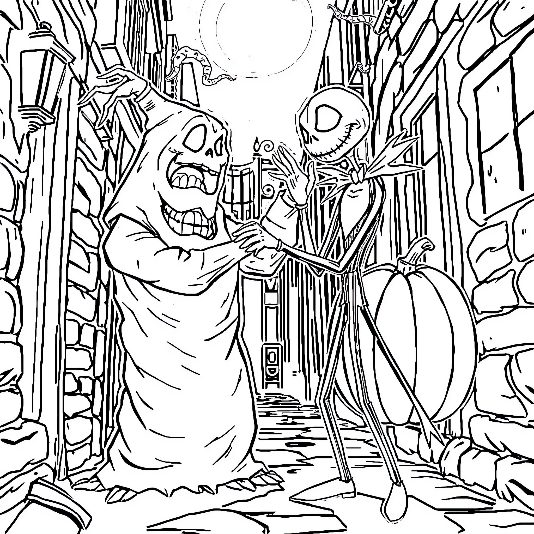 Oogie Boogie's Frightening Encounter in the Dark Alley Coloring Page (free black-and-white line drawing printable PDF for all, from beginners to advanced learners, including children, teens, adults, and seniors)