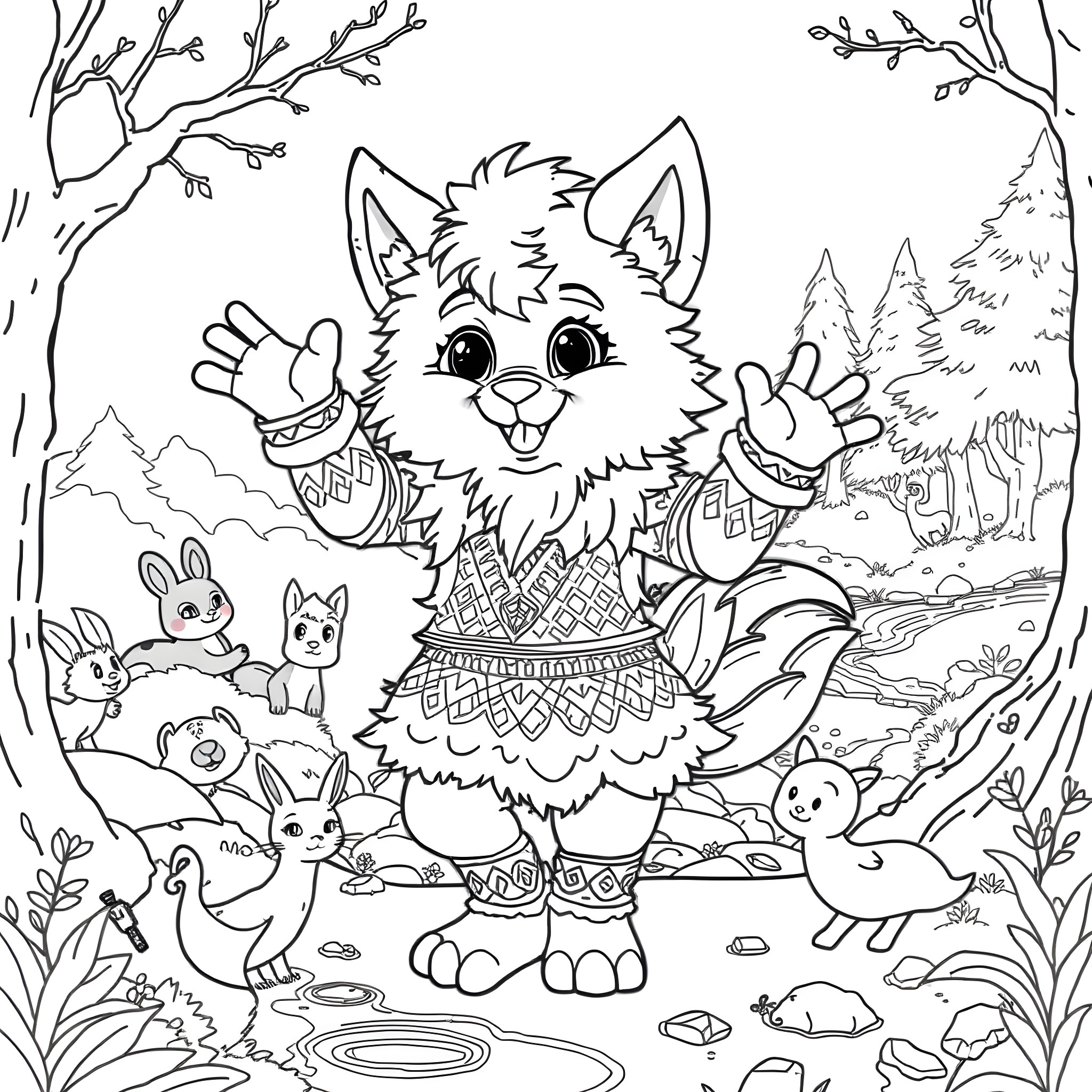 Fursuiter playing joyfully with forest animals Coloring Page (free black-and-white line drawing printable PDF for all, from beginners to advanced learners, including children, teens, adults, and seniors)