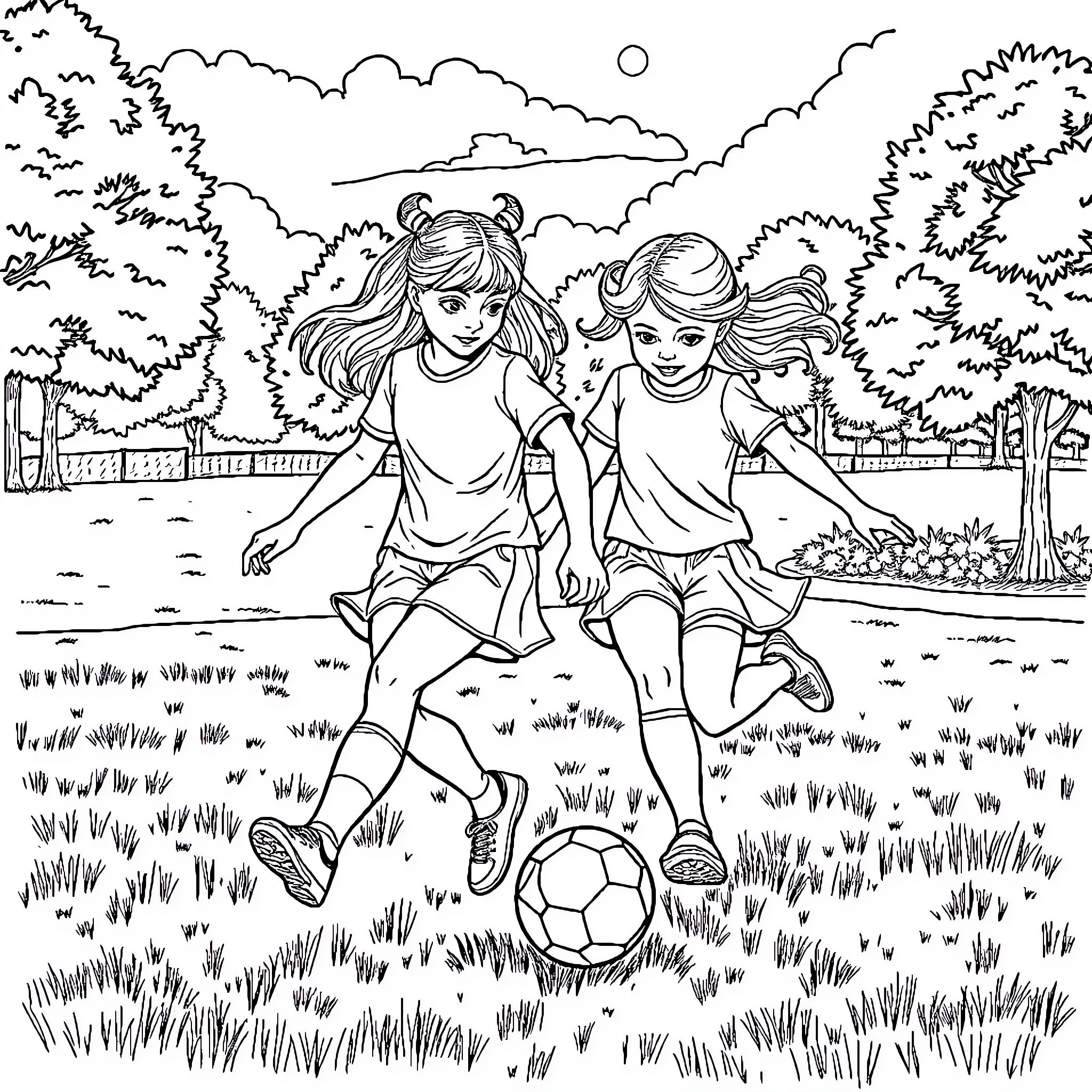 Sister's joyful playtime with soccer ball Coloring Page (free black-and-white line drawing printable PDF for all, from beginners to advanced learners, including children, teens, adults, and seniors)