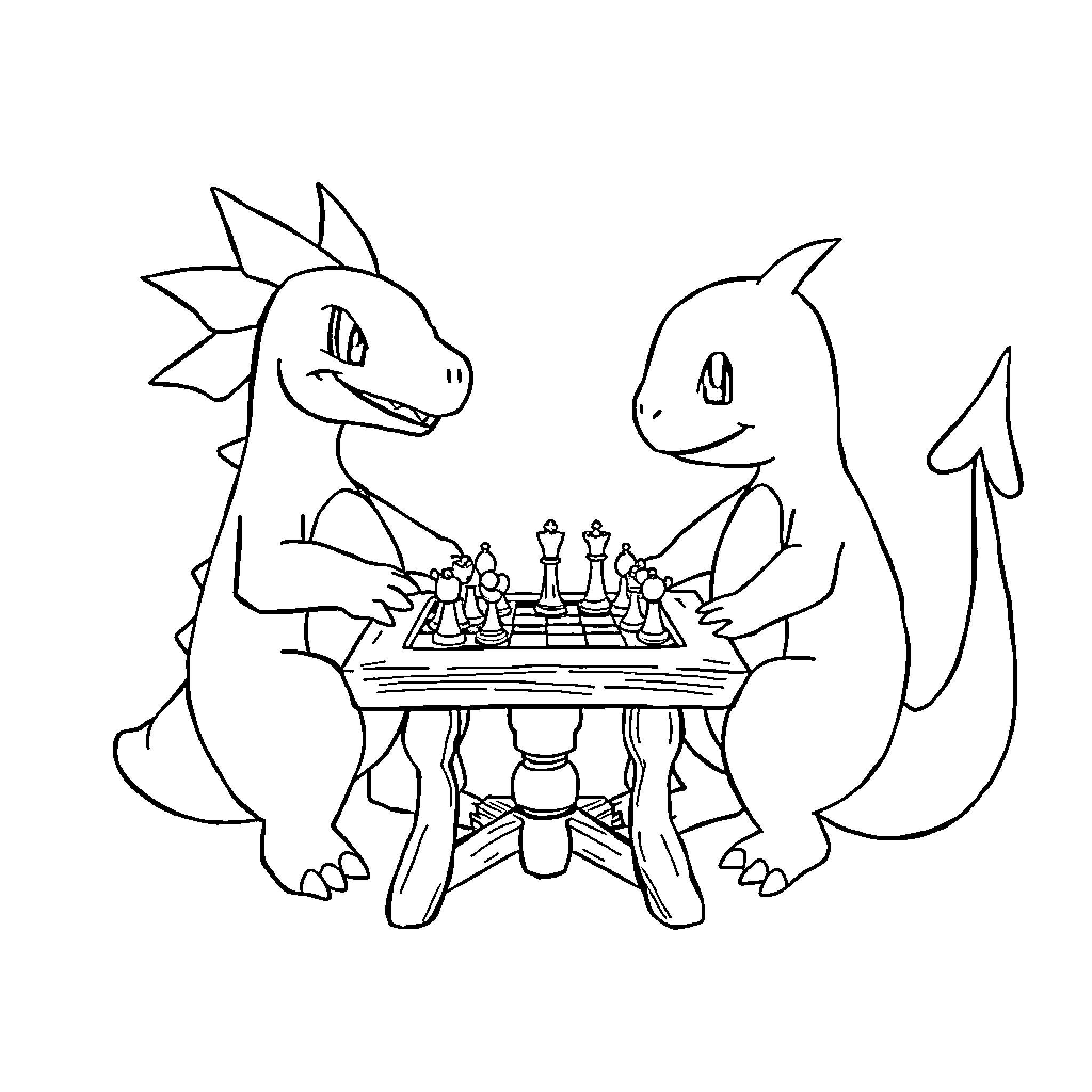 Charizard playing chess with another dragon Coloring Page (free black-and-white line drawing printable PDF for all, from beginners to advanced learners, including children, teens, adults, and seniors)