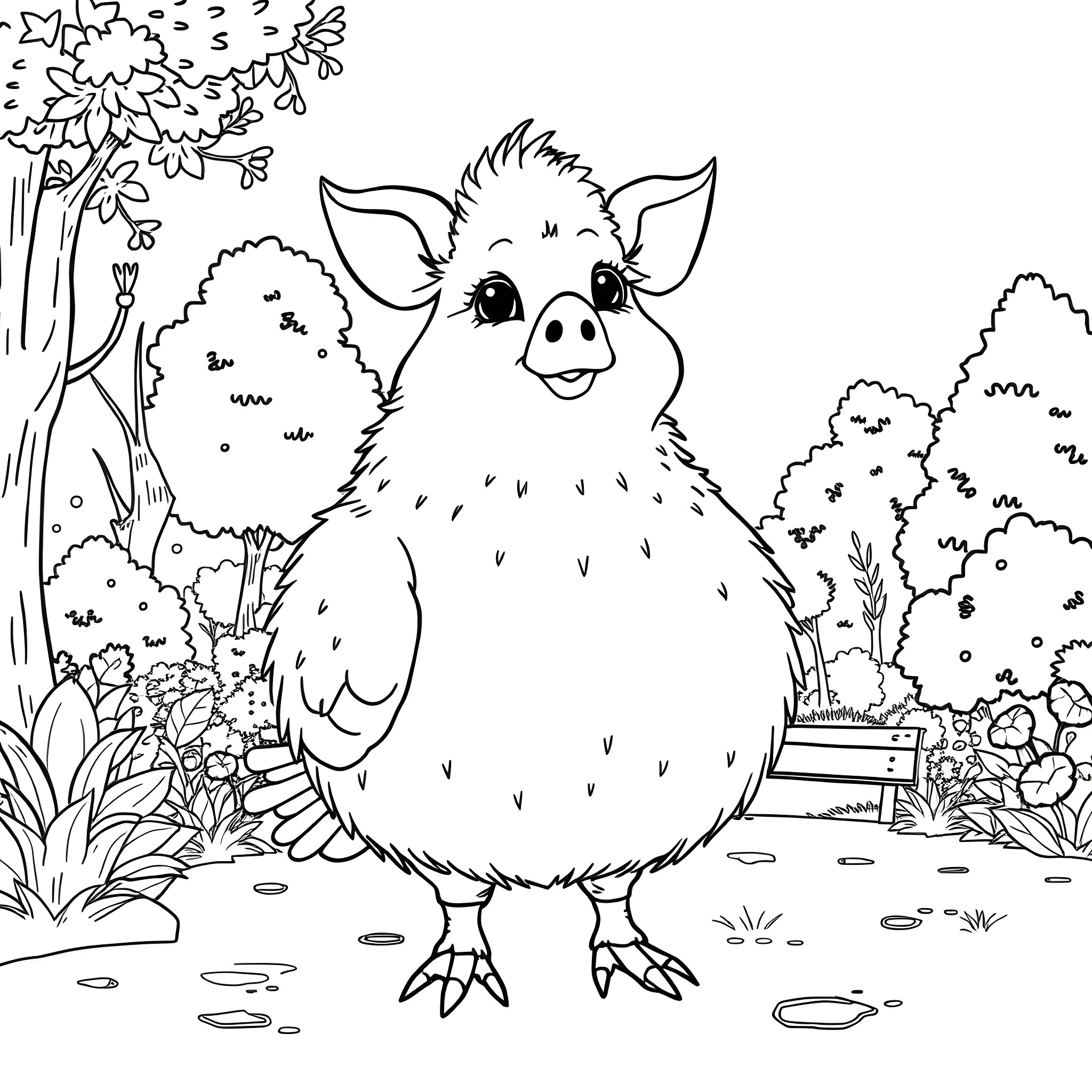 Pigeon Pig Hybrid playing happily in the garden Coloring Page (free black-and-white line drawing printable PDF for all, from beginners to advanced learners, including children, teens, adults, and seniors)