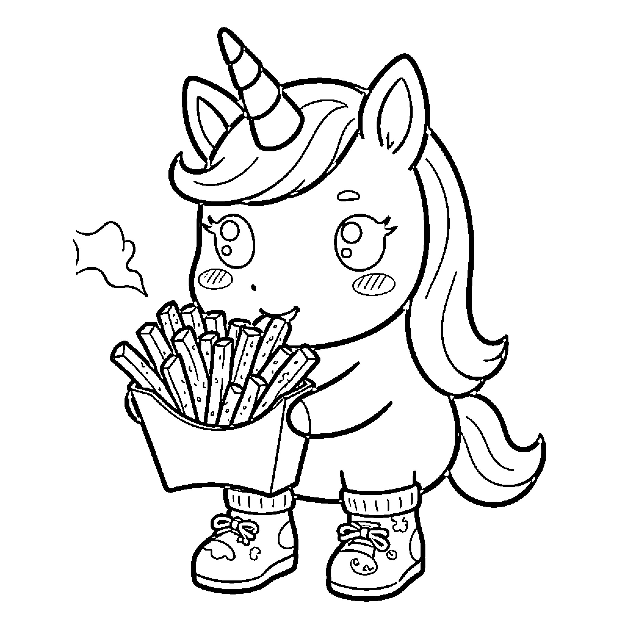 Unicorn eating french fries from a small box Coloring Page (free black-and-white line drawing printable PDF for all, from beginners to advanced learners, including children, teens, adults, and seniors)