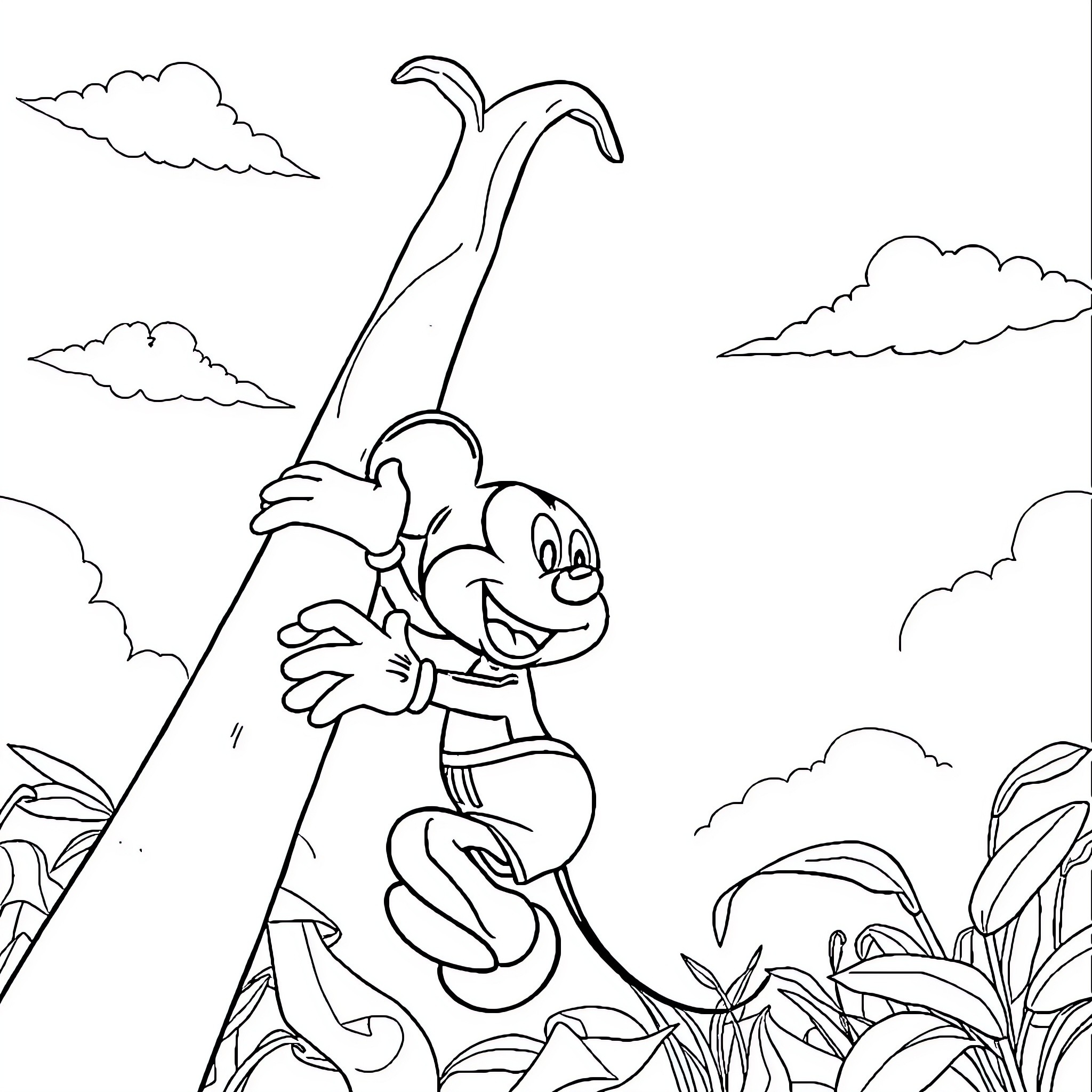 Mickey Mouse swinging on vines in the jungle Coloring Page (free black-and-white line drawing printable PDF for all, from beginners to advanced learners, including children, teens, adults, and seniors)