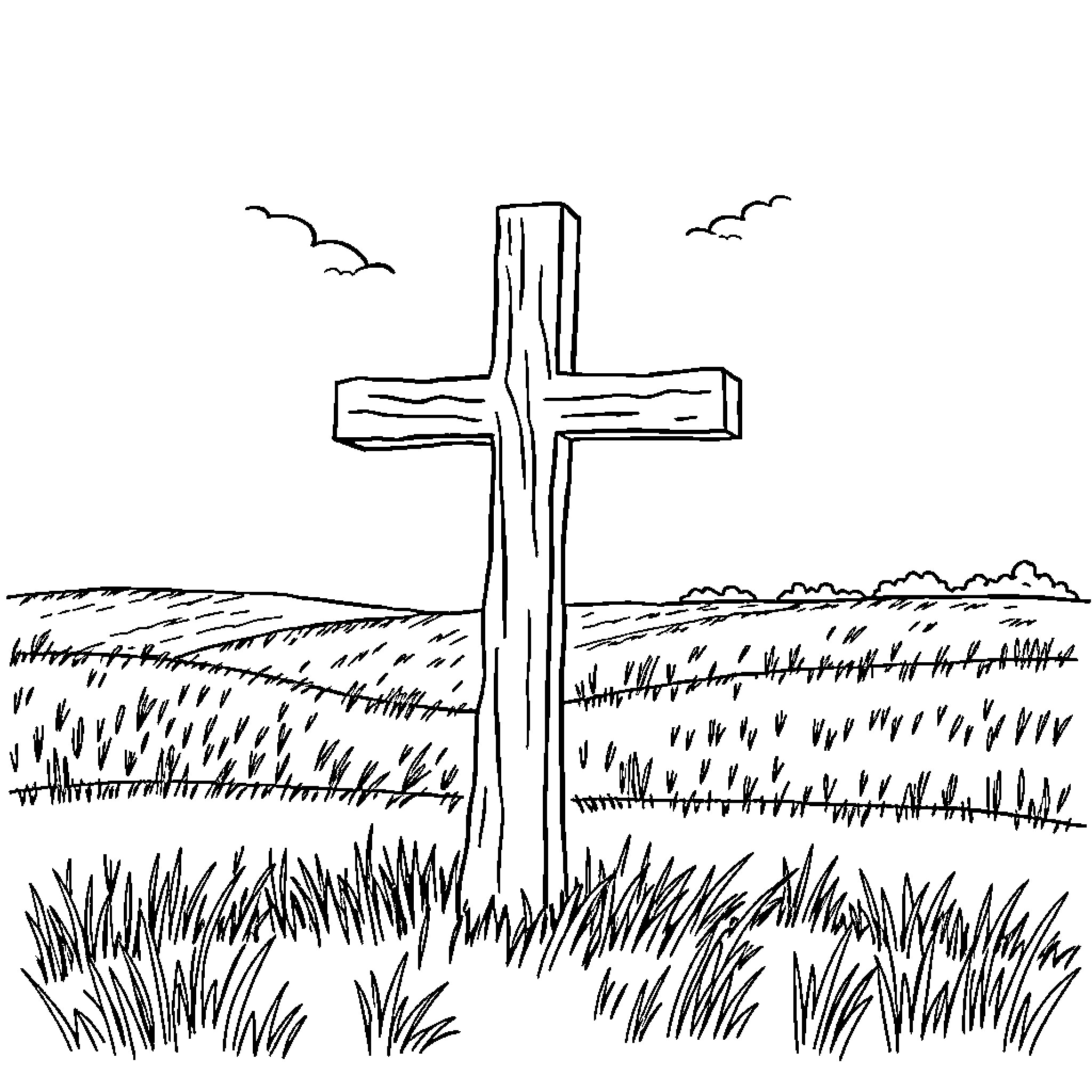 Cross Standing on Grassy Field Coloring Page (free black-and-white line drawing printable PDF for all, from beginners to advanced learners, including children, teens, adults, and seniors)