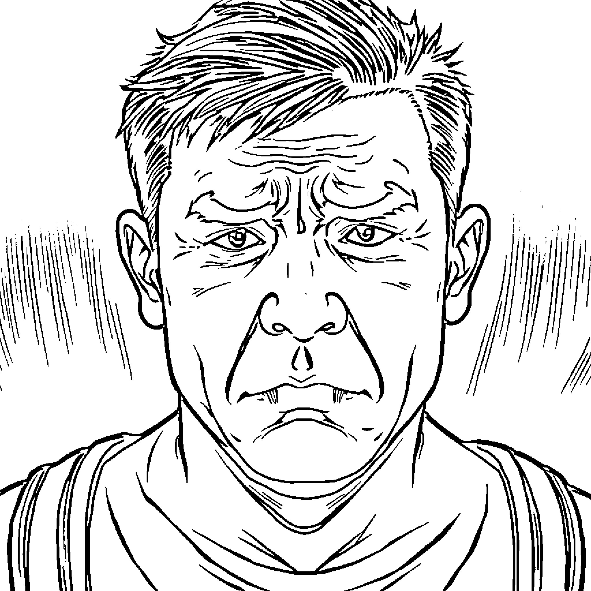 Man with serious expression and messy hair Coloring Page (free black-and-white line drawing printable PDF for all, from beginners to advanced learners, including children, teens, adults, and seniors)