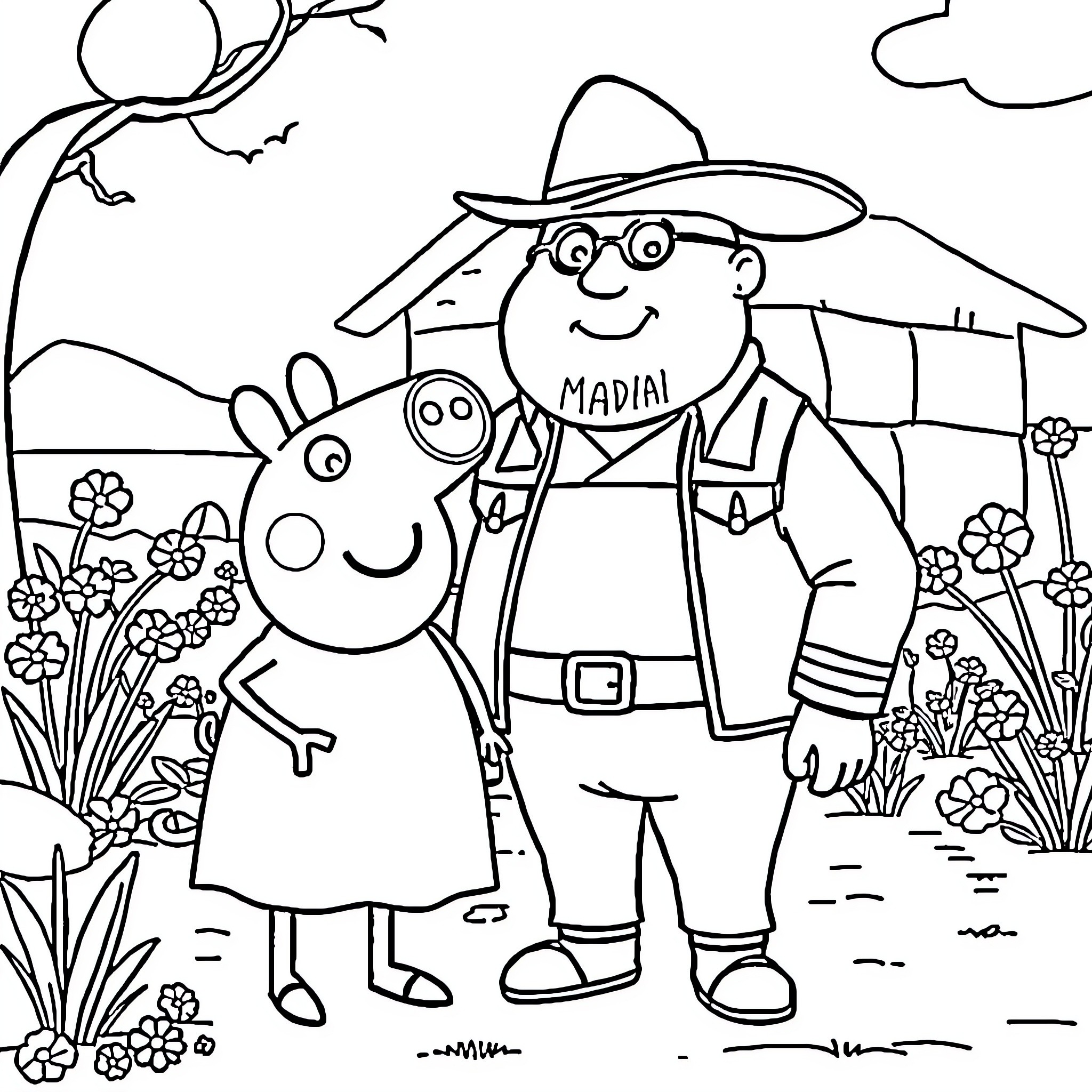 Arthur Morgan as a friendly cowboy with Peppa Pig Coloring Page (free black-and-white line drawing printable PDF for all, from beginners to advanced learners, including children, teens, adults, and seniors)