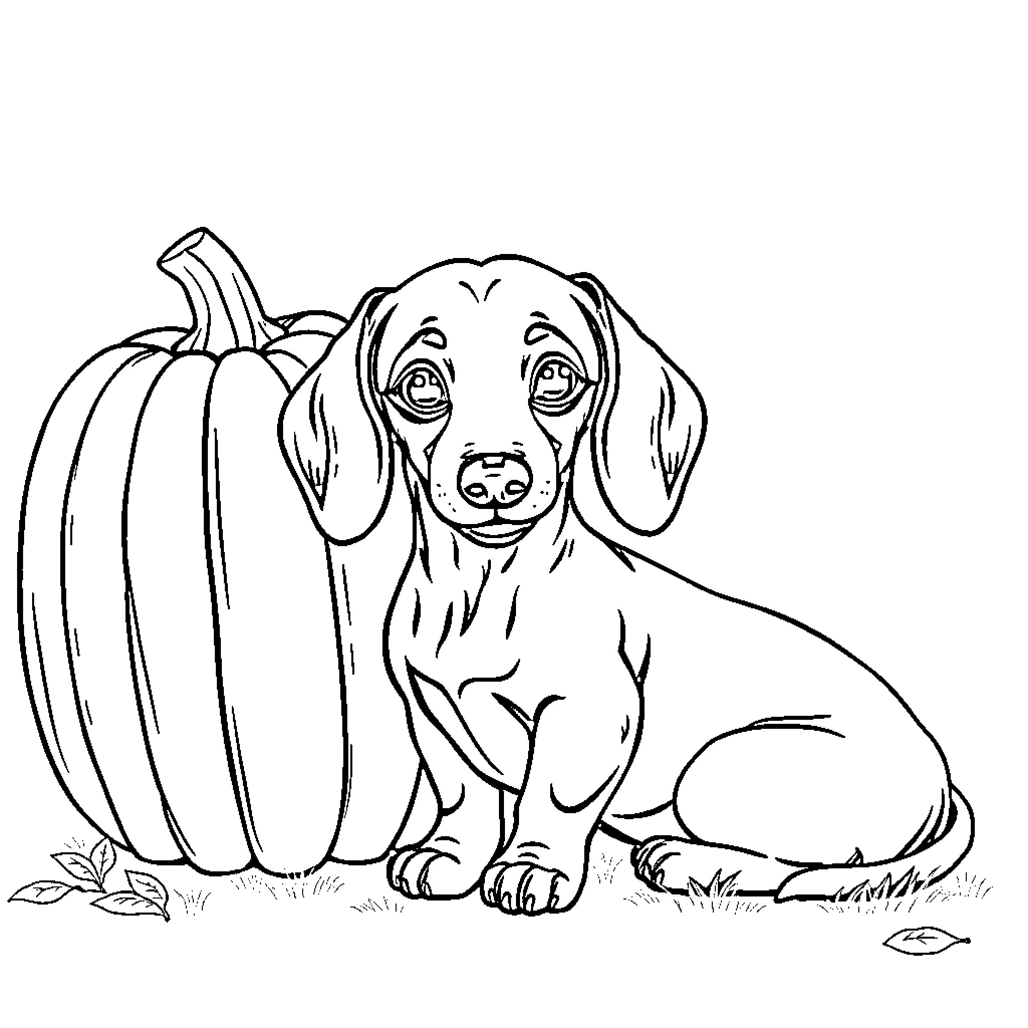 Dachshund sitting near a pumpkin Coloring Page (free black-and-white line drawing printable PDF for all, from beginners to advanced learners, including children, teens, adults, and seniors)