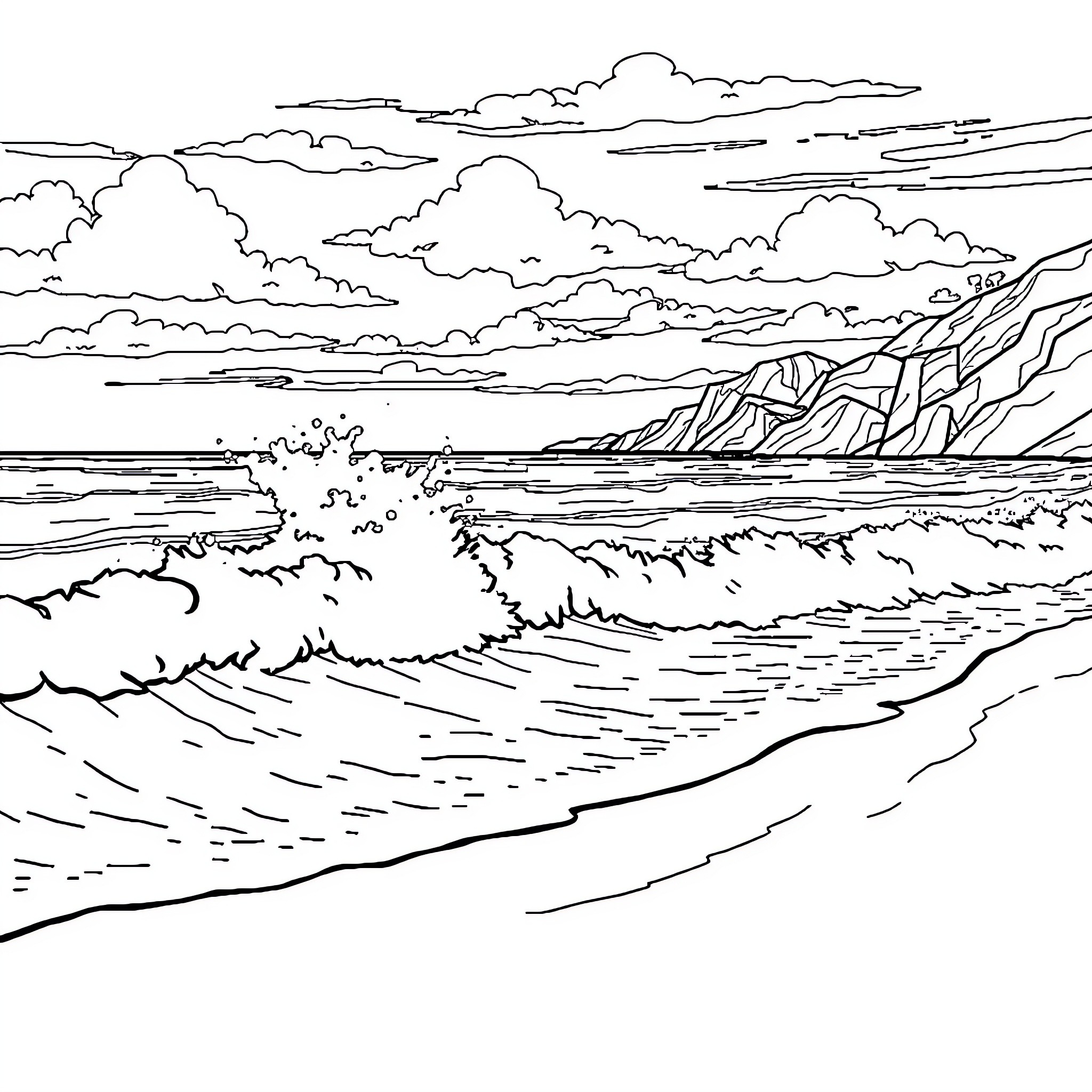 Wuthering Waves: Seascape of Crashing Surf and Cloudy Skies Coloring Page (free black-and-white line drawing printable PDF for all, from beginners to advanced learners, including children, teens, adults, and seniors)