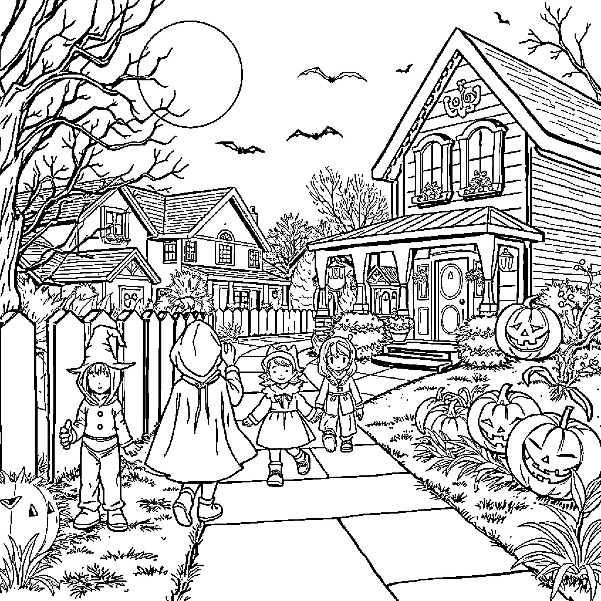 Halloween Trick-or-Treaters Exploring Spooky Neighborhood Coloring Page (free black-and-white line drawing printable PDF for all, from beginners to advanced learners, including children, teens, adults, and seniors)