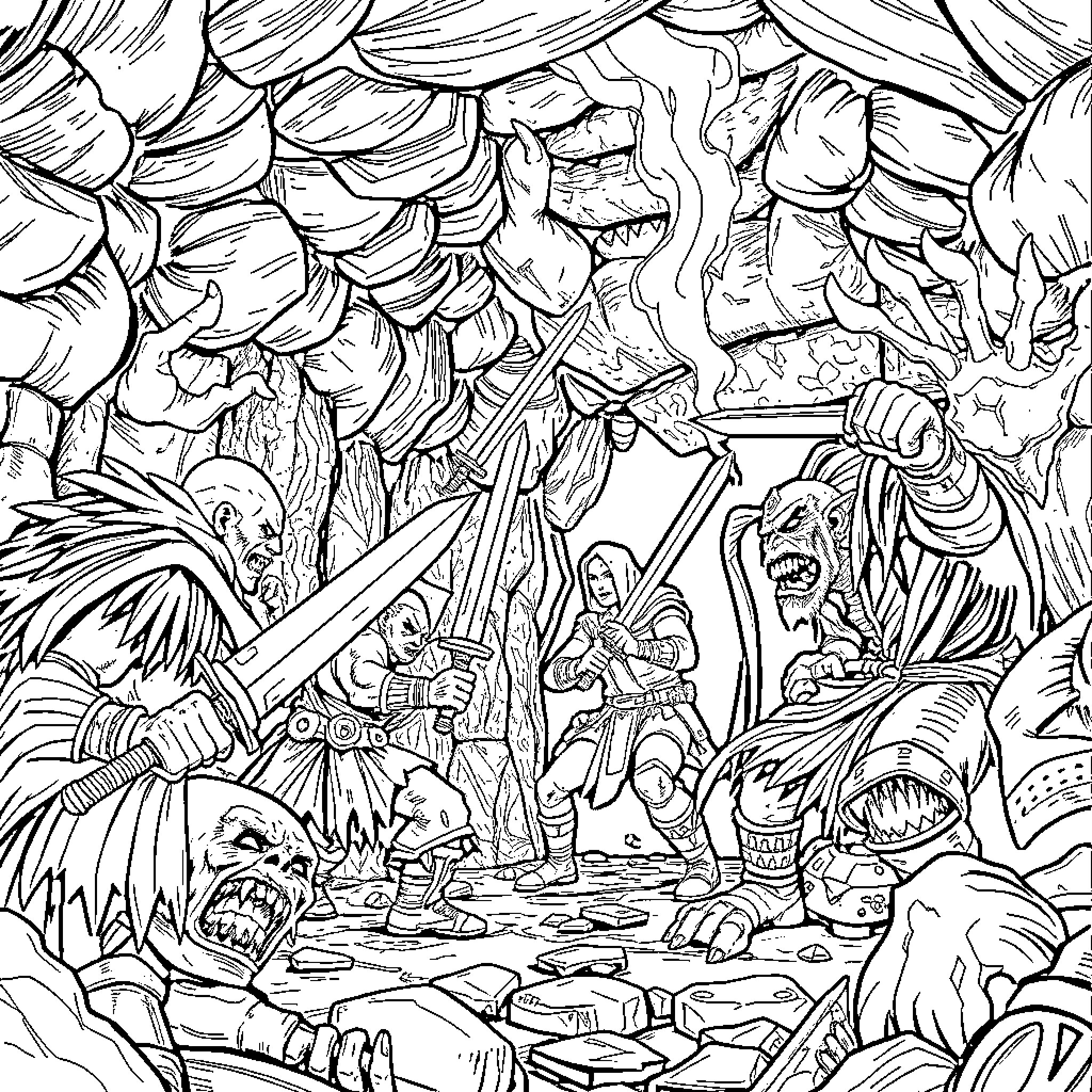 Hero battles fantastical creatures in a perilous landscape Coloring Page (free black-and-white line drawing printable PDF for all, from beginners to advanced learners, including children, teens, adults, and seniors)