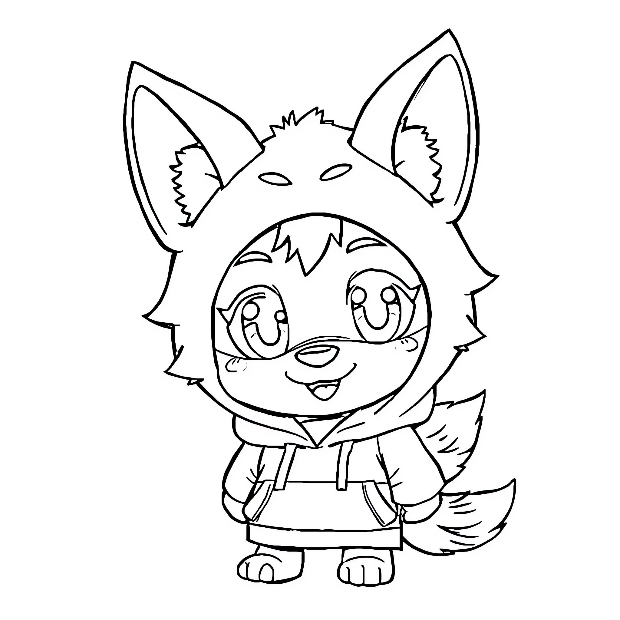 Wolfchan in a playful outfit Coloring Page (free black-and-white line drawing printable PDF for all, from beginners to advanced learners, including children, teens, adults, and seniors)