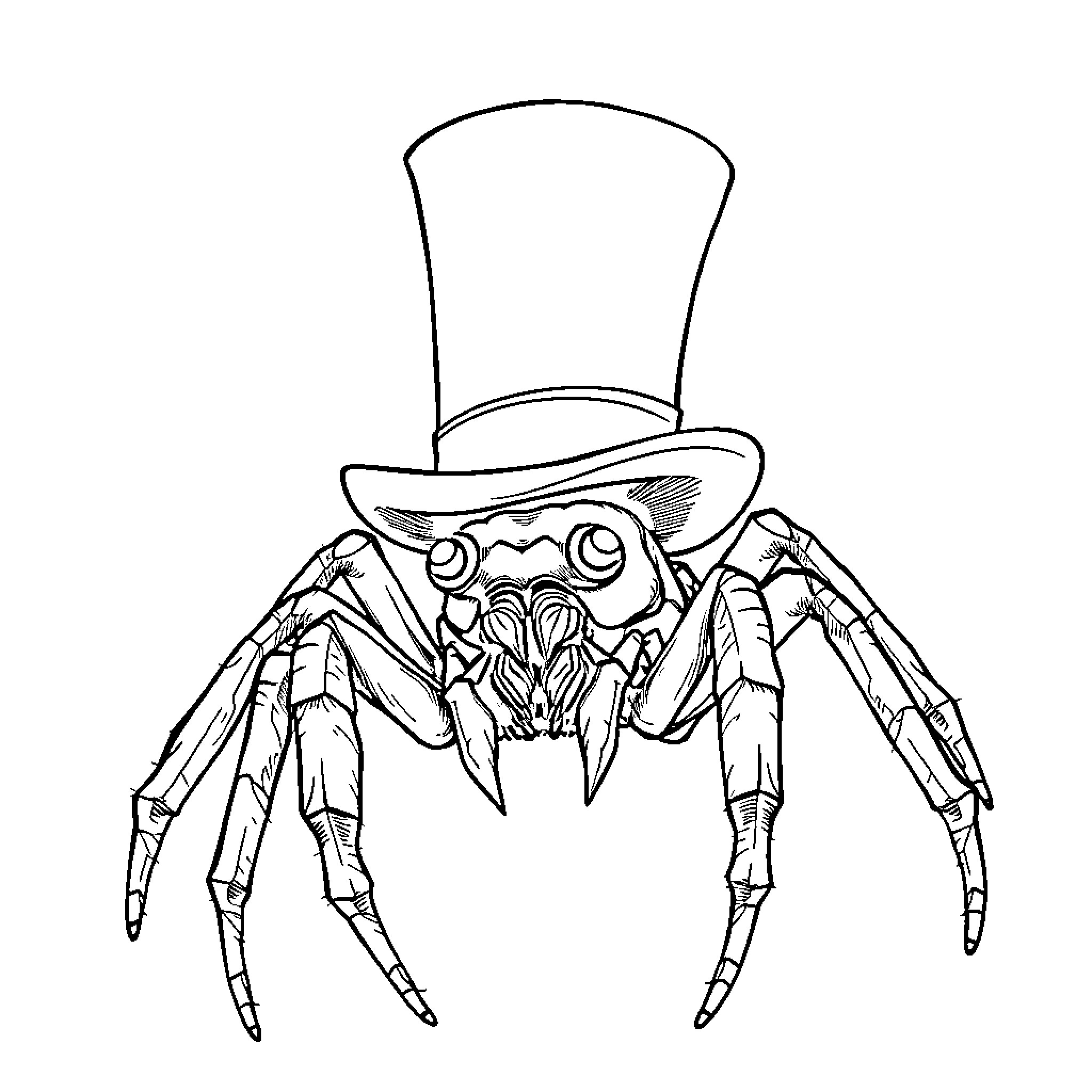 Spider wearing a top hat in a stylish outfit Coloring Page (free black-and-white line drawing printable PDF for all, from beginners to advanced learners, including children, teens, adults, and seniors)