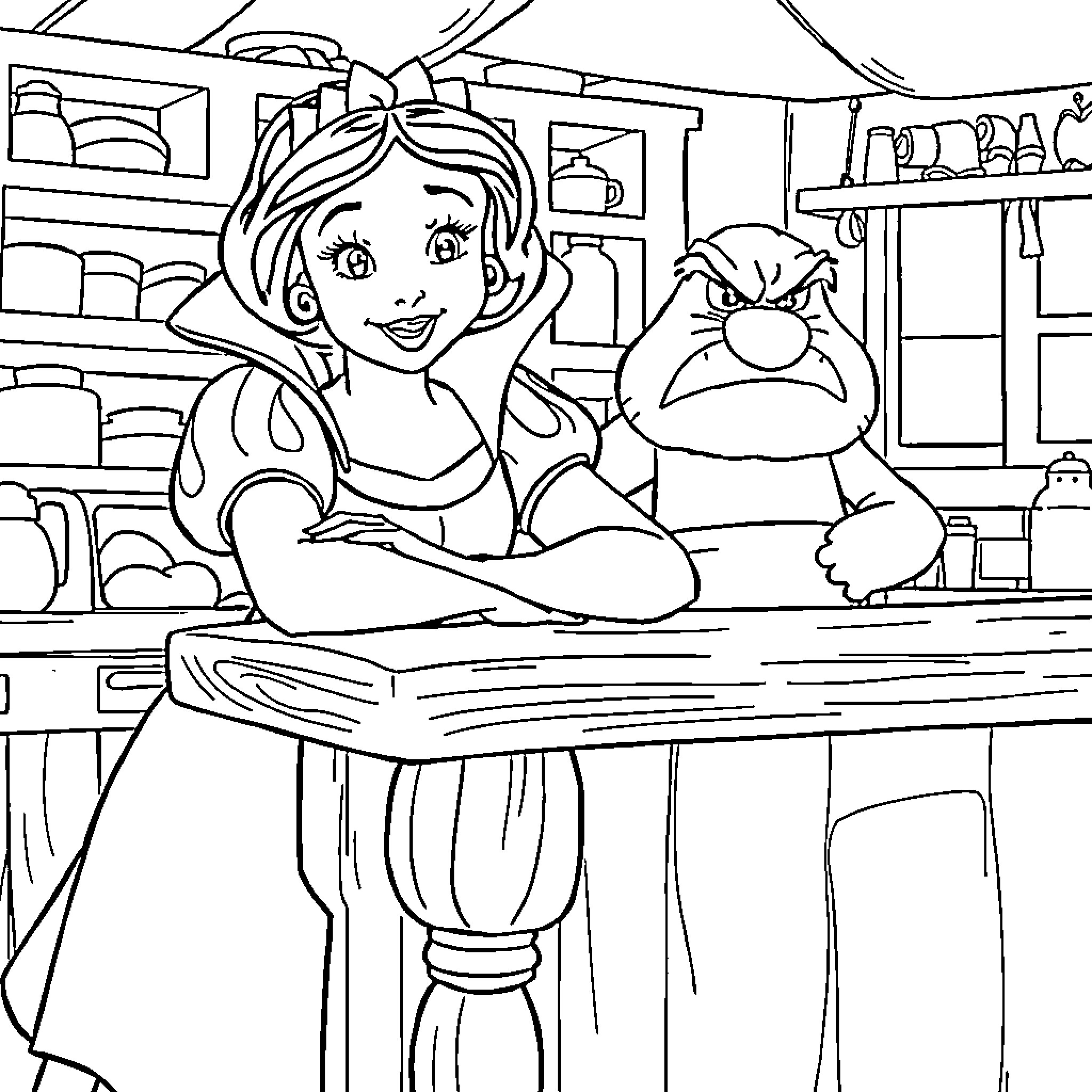 Snow White assisting a grumpy dwarf in a cozy cottage Coloring Page (free black-and-white line drawing printable PDF for all, from beginners to advanced learners, including children, teens, adults, and seniors)