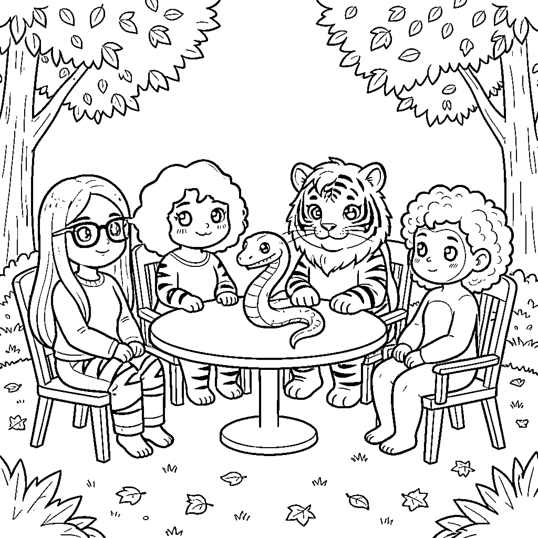 Tigress and Friends in Colorful Forest Scene Coloring Page (free black-and-white line drawing printable PDF for all, from beginners to advanced learners, including children, teens, adults, and seniors)