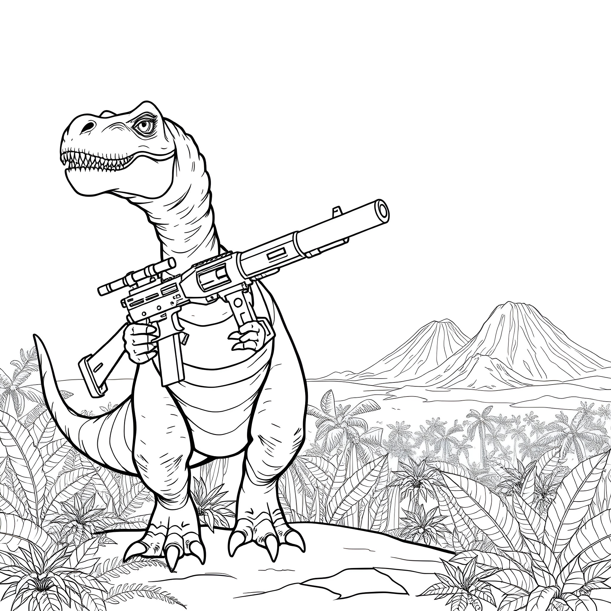 Dinosaur soldier carrying futuristic weapon in jungle Coloring Page (free black-and-white line drawing printable PDF for all, from beginners to advanced learners, including children, teens, adults, and seniors)